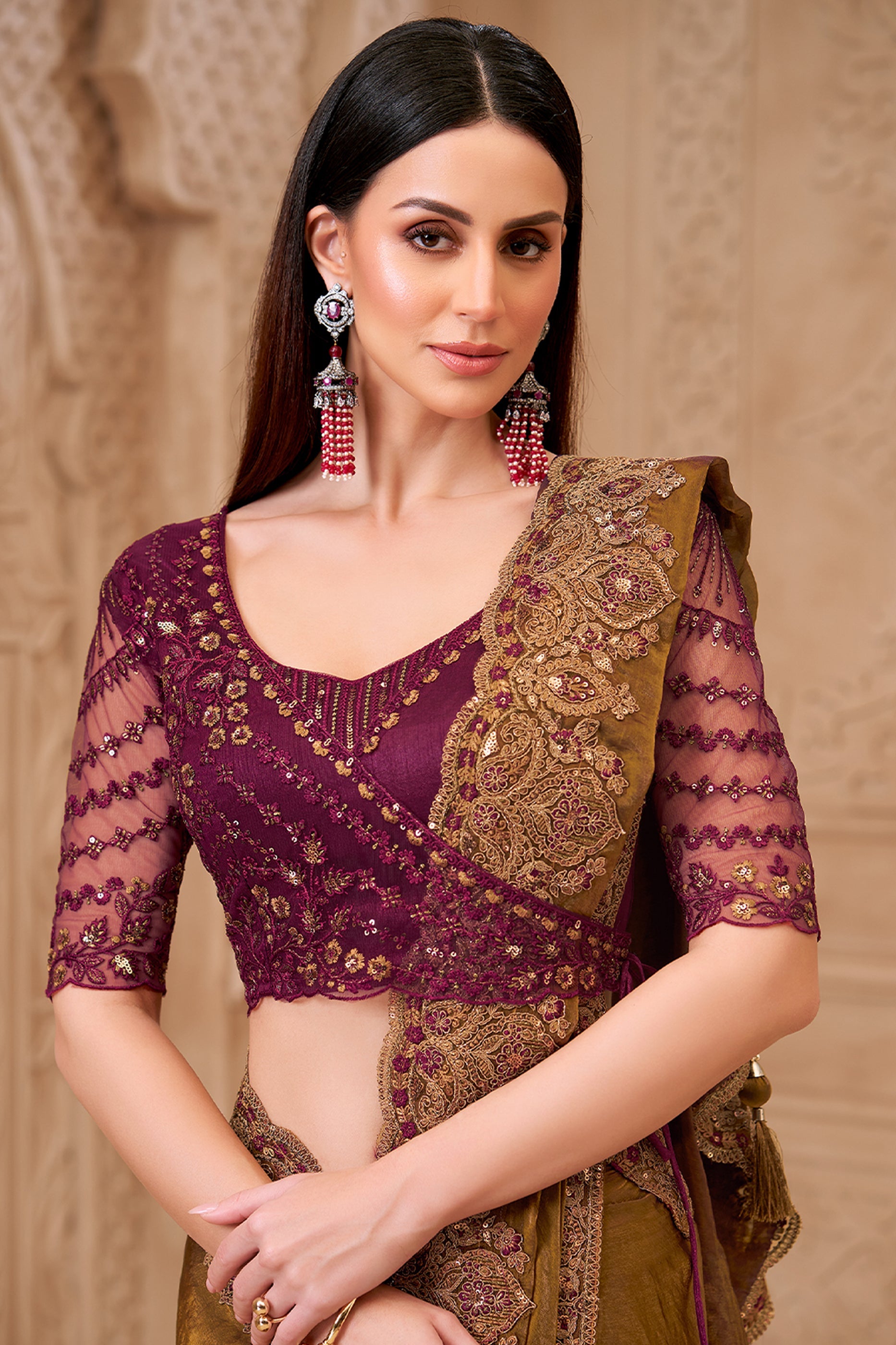 Golden Brown Embroidered Satin Georgette Saree-SAR10595_2_SareeButa.com