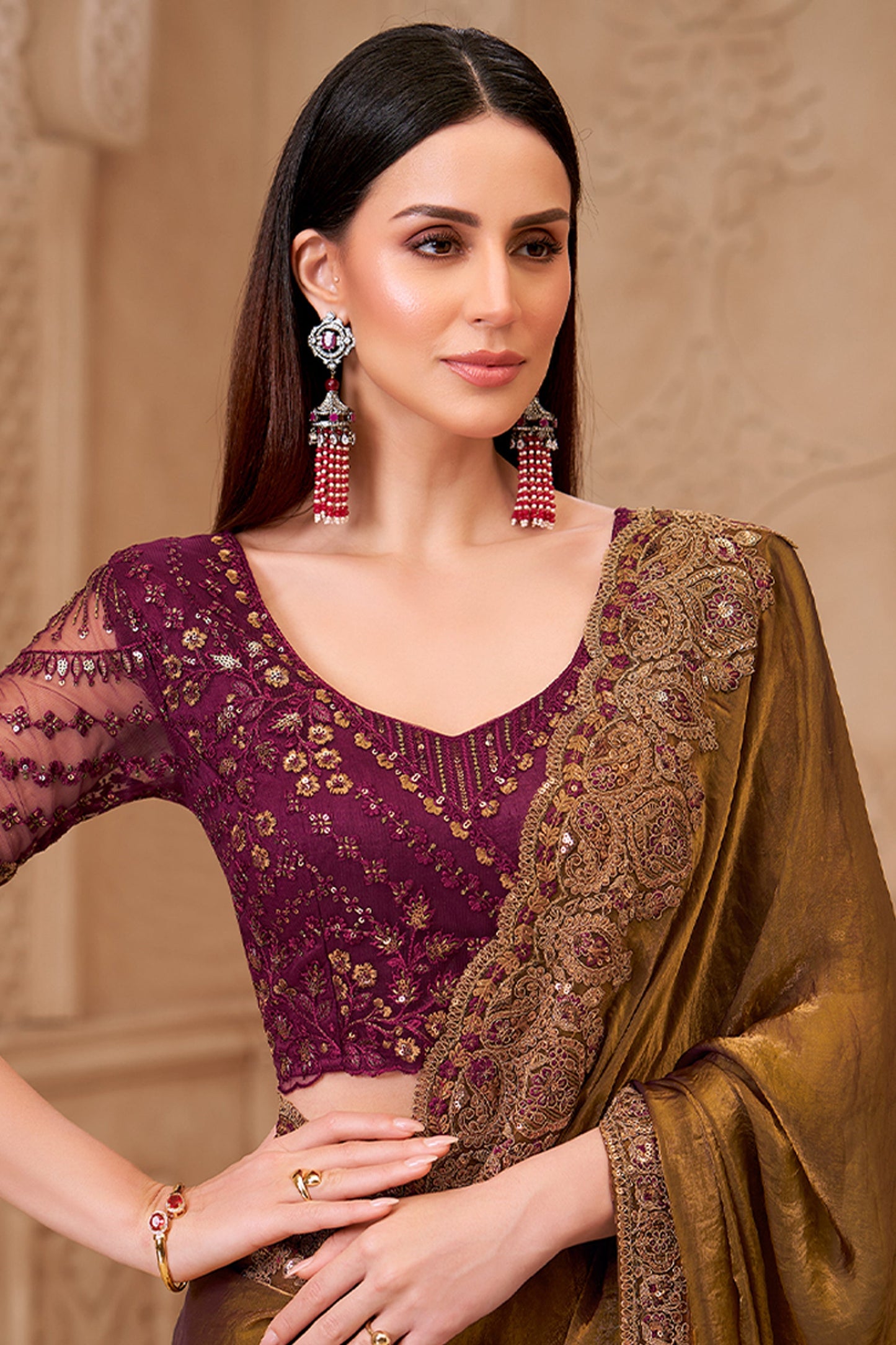 Golden Brown Embroidered Satin Georgette Saree-SAR10595_3_SareeButa.com