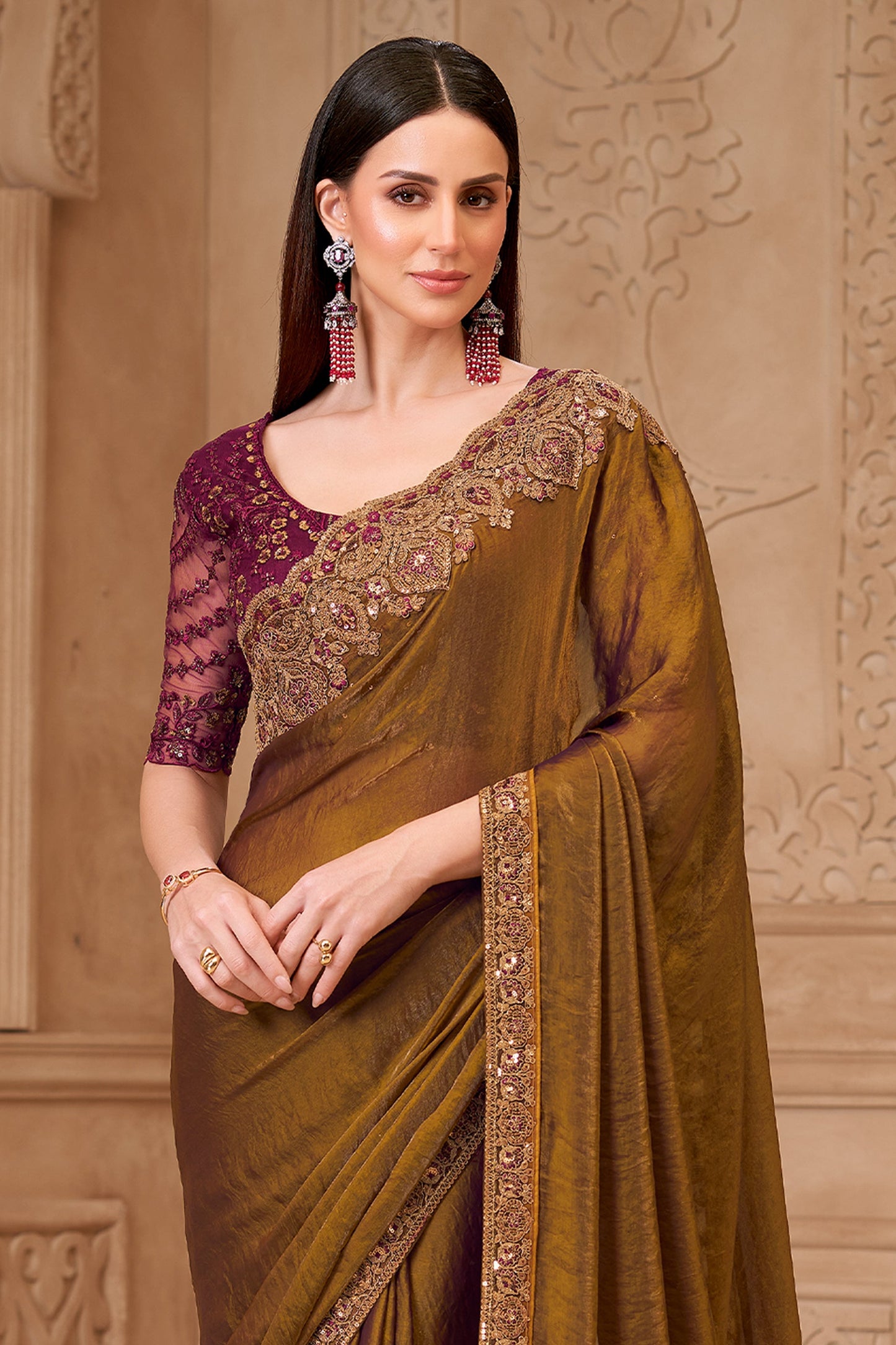 Golden Brown Embroidered Satin Georgette Saree-SAR10595_4_SareeButa.com