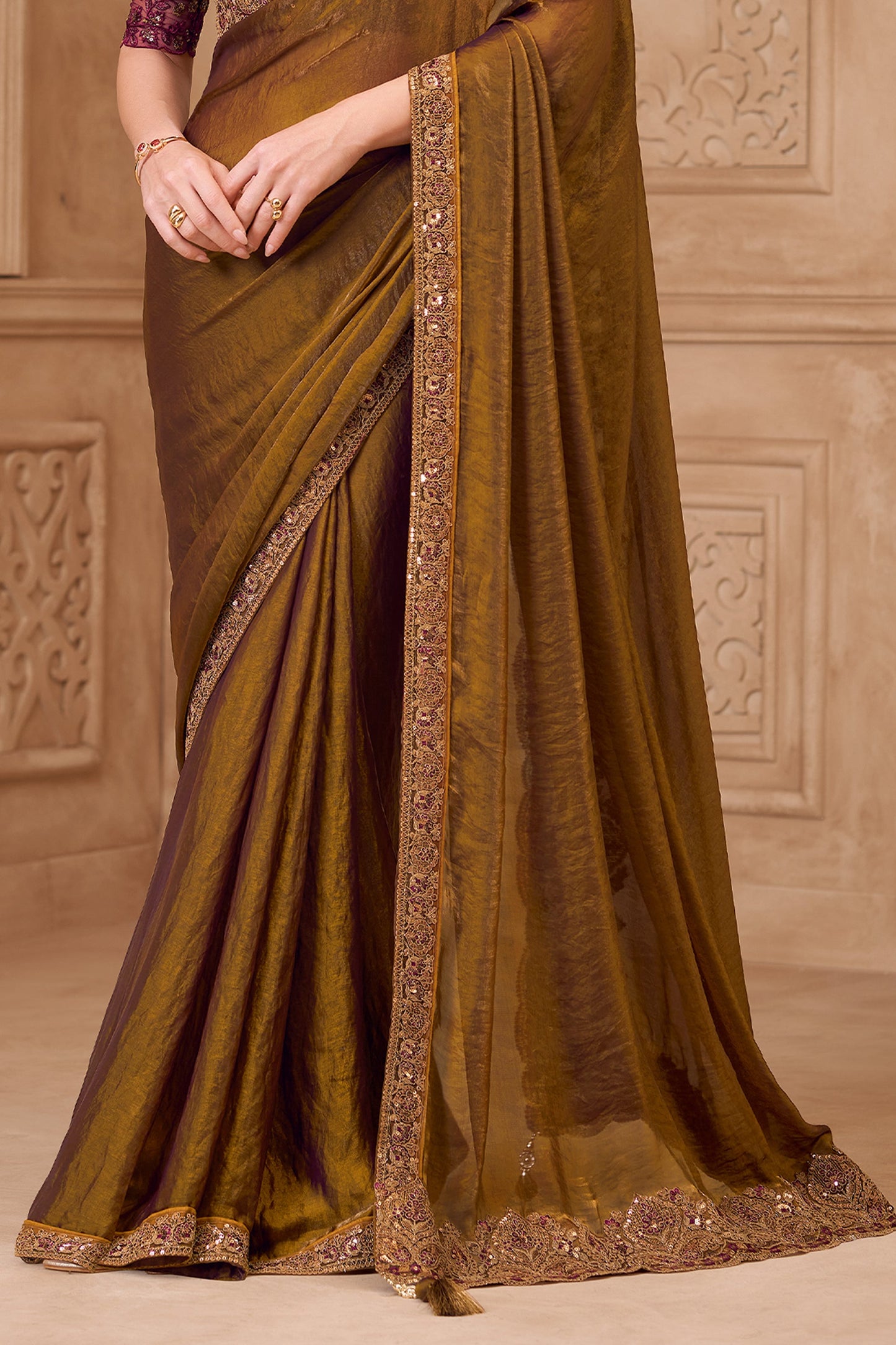 Golden Brown Embroidered Satin Georgette Saree-SAR10595_5_SareeButa.com