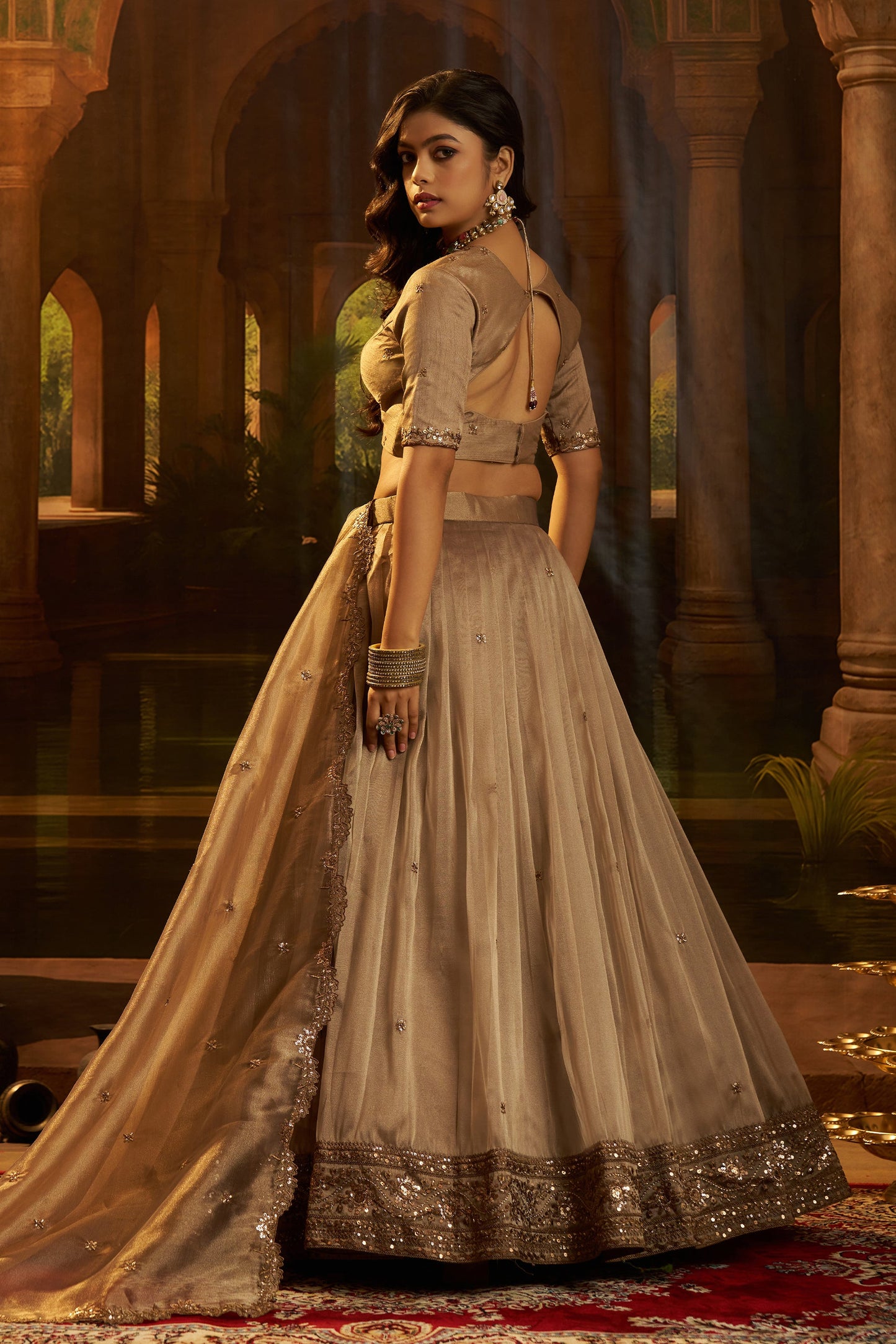 Golden Brown Semi-Stitched Embroidered Organza Lehenga-SAR11497_3_SareeButa.com