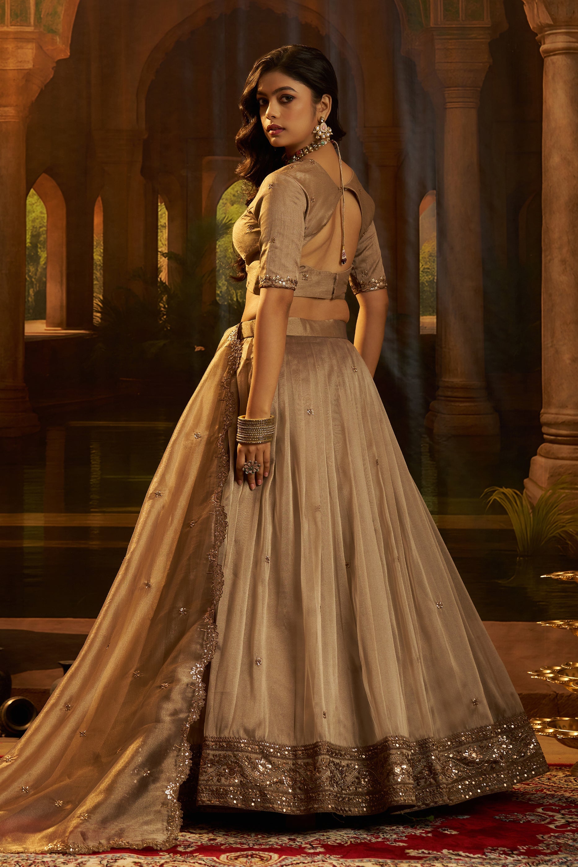 Golden Brown Semi-Stitched Embroidered Organza Lehenga-SAR11497_3_SareeButa.com