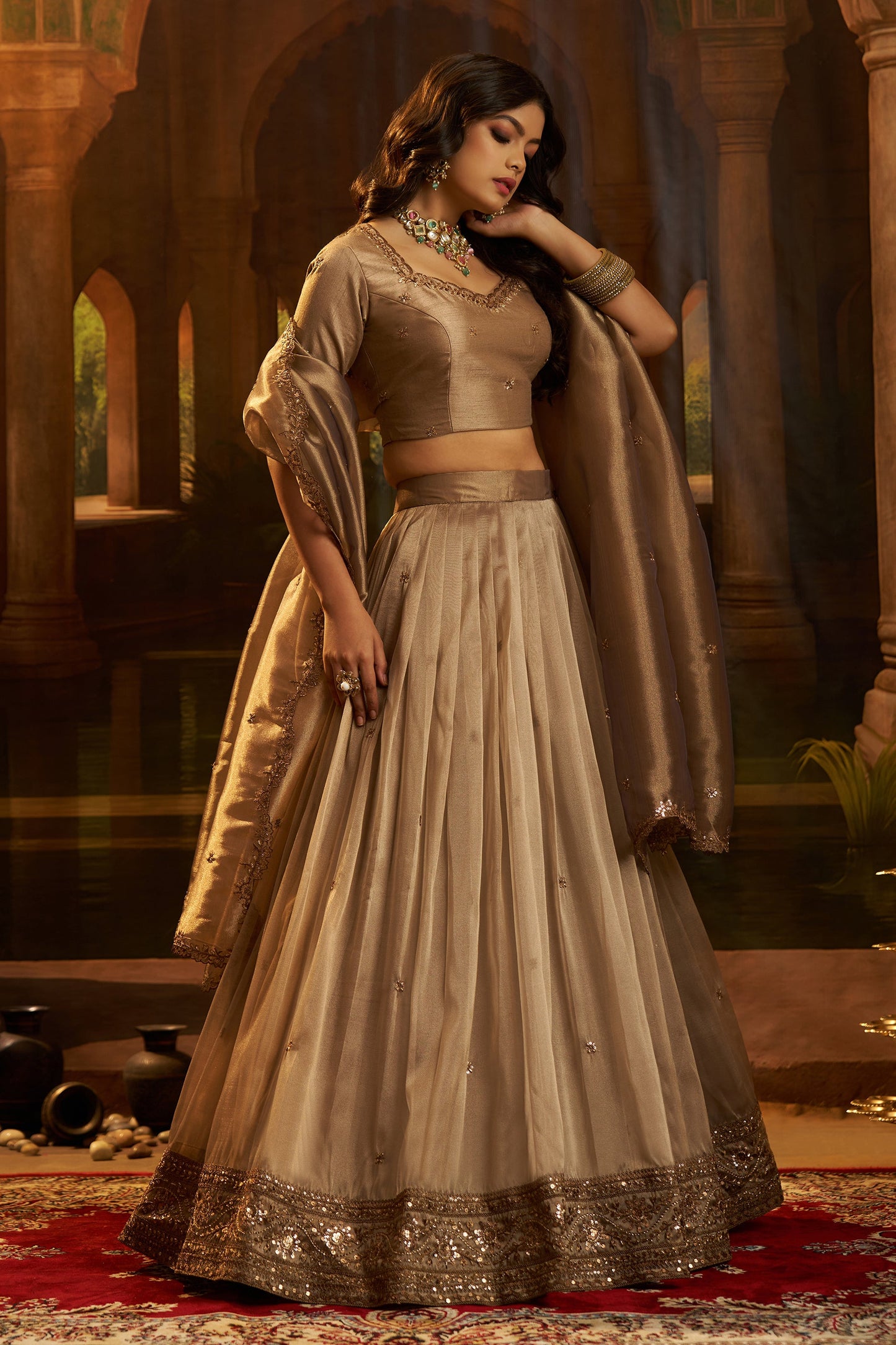 Golden Brown Semi-Stitched Embroidered Organza Lehenga-SAR11497_4_SareeButa.com