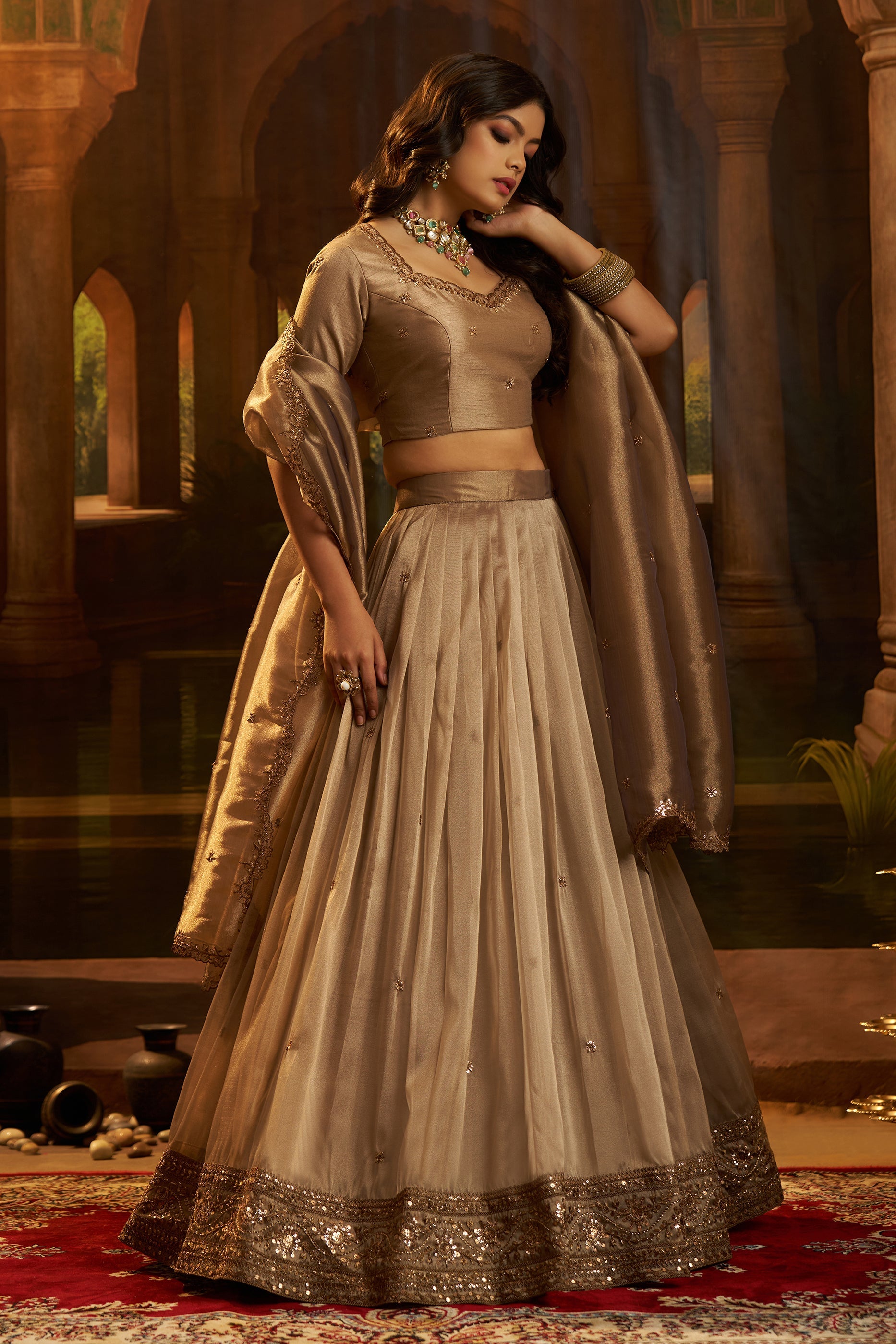 Golden Brown Semi-Stitched Embroidered Organza Lehenga-SAR11497_4_SareeButa.com