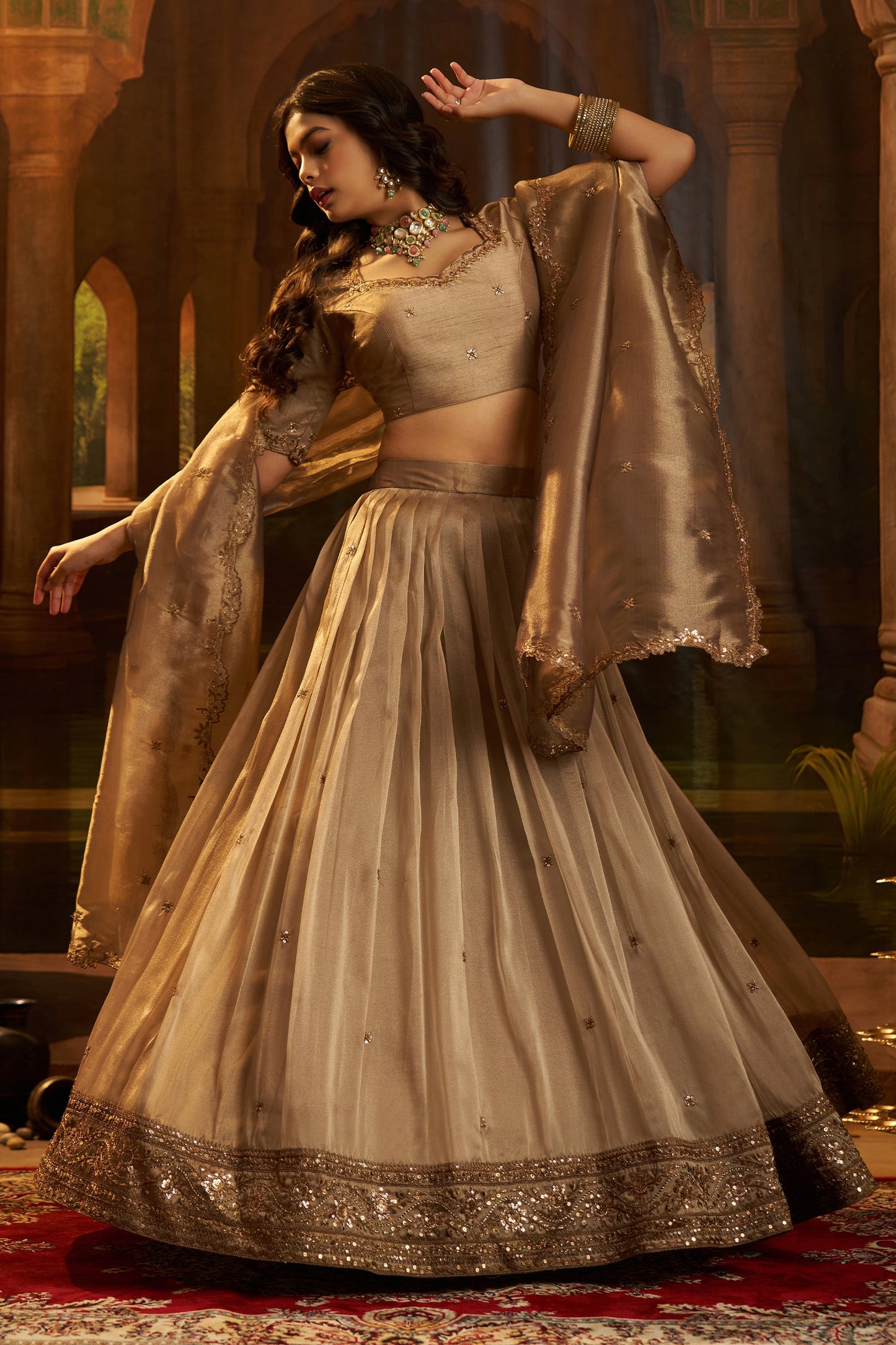 Golden Brown Semi-Stitched Embroidered Organza Lehenga-SAR11497_5_SareeButa.com