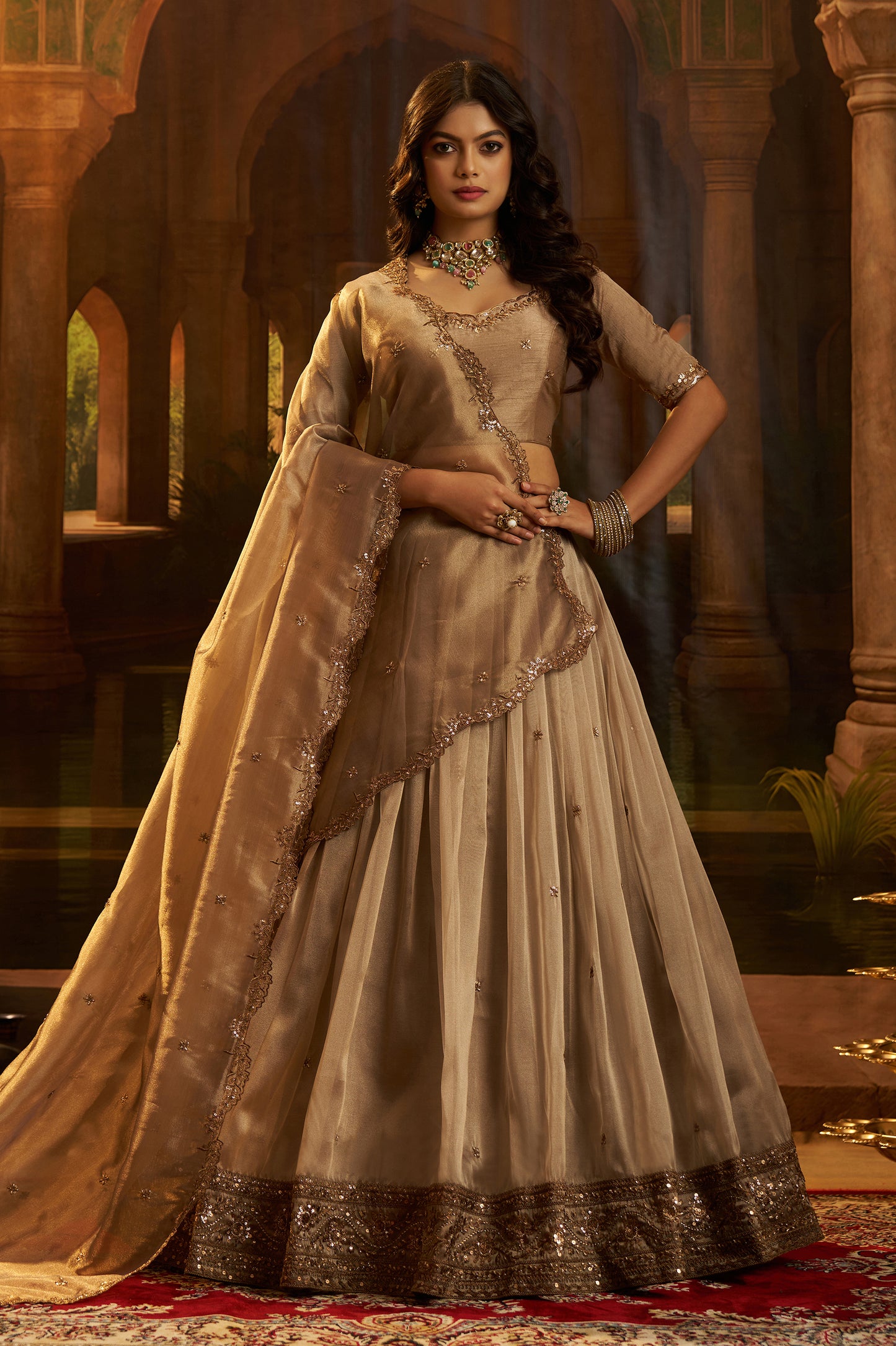 Golden Brown Semi-Stitched Embroidered Organza Lehenga