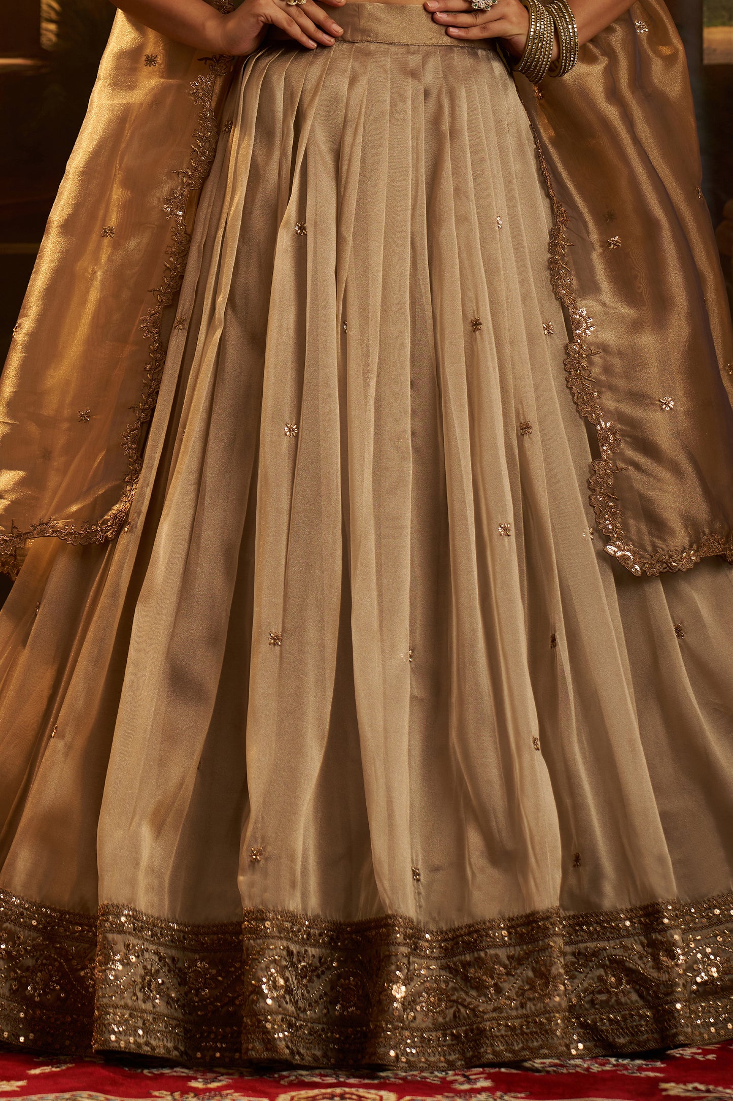 Golden Brown Semi-Stitched Embroidered Organza Lehenga