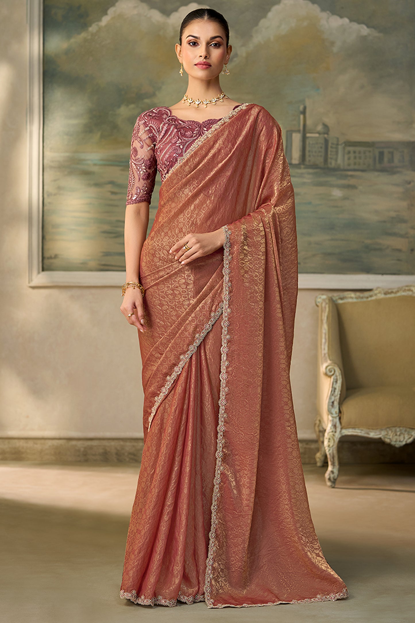 Golden Chickoo Embroidered Georgette Saree-SAR13174_1_SareeButa.com