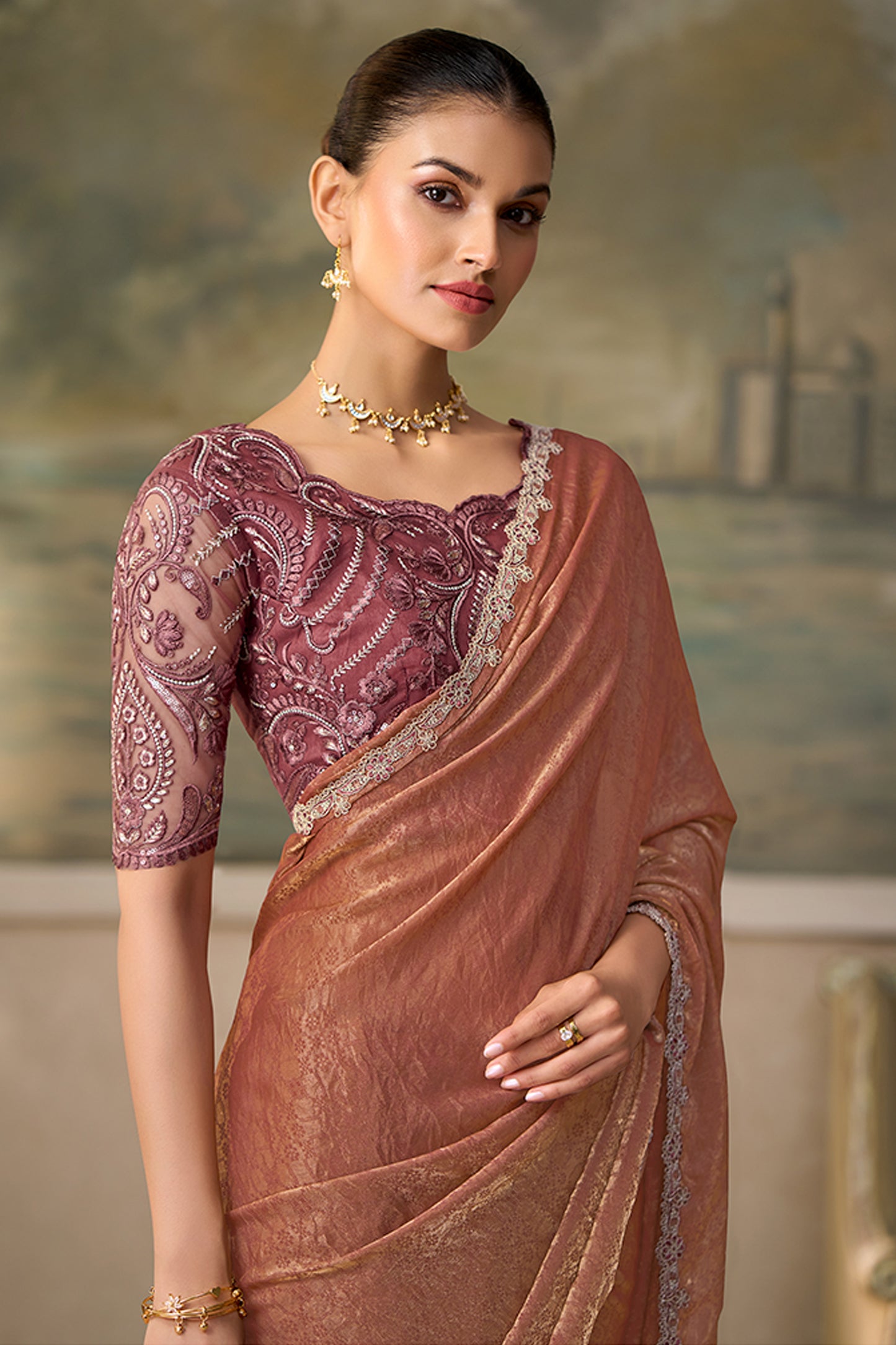 Golden Chickoo Embroidered Georgette Saree-SAR13174_2_SareeButa.com