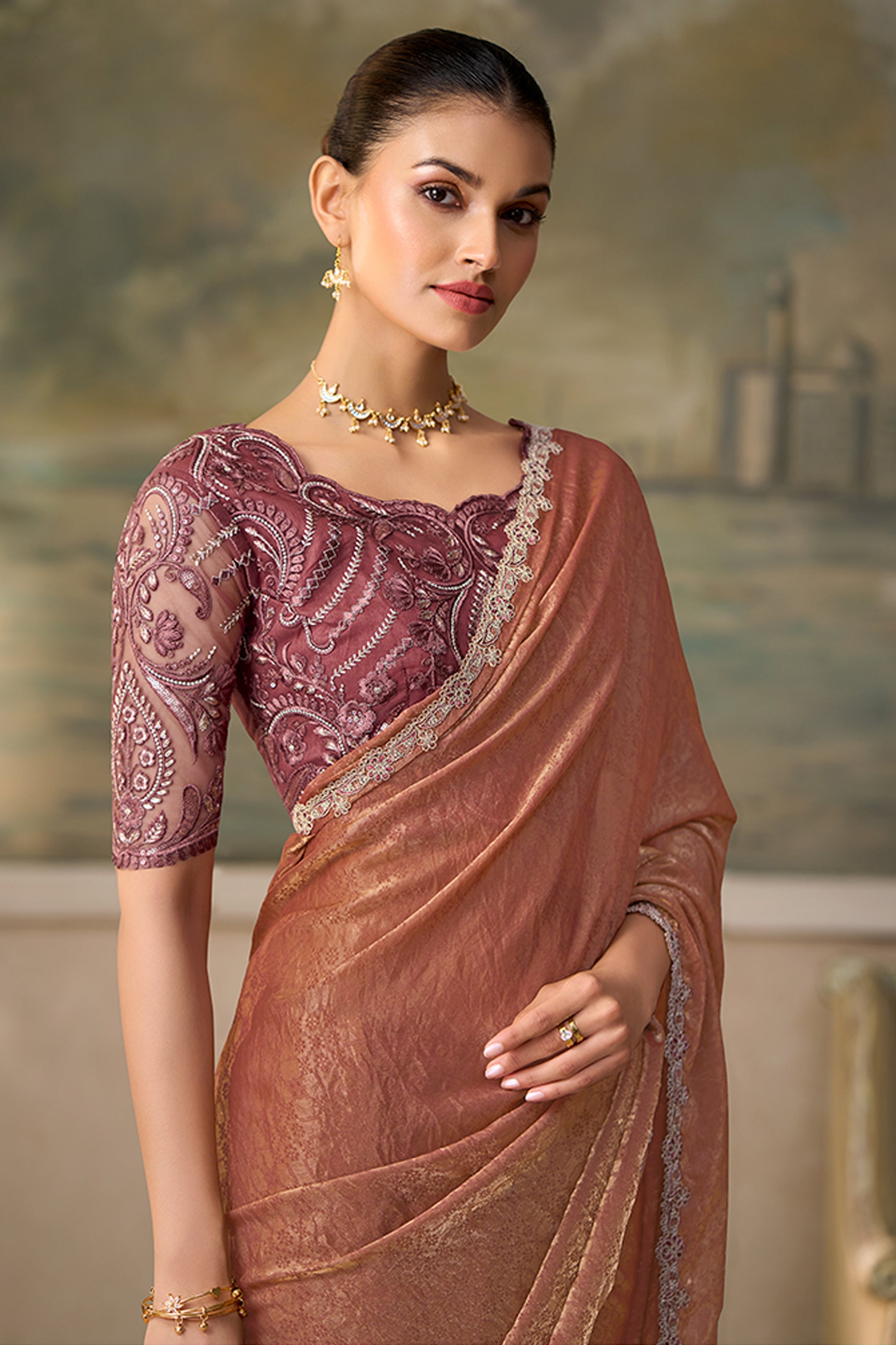 Golden Chickoo Embroidered Georgette Saree-SAR13174_2_SareeButa.com