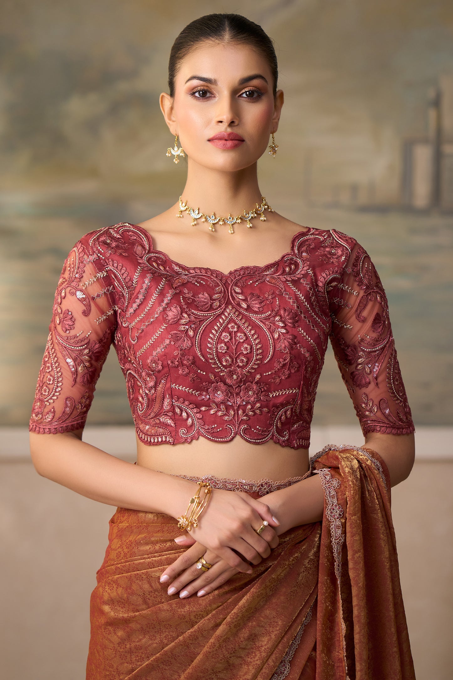 Golden Chickoo Embroidered Georgette Saree-SAR13174_3_SareeButa.com