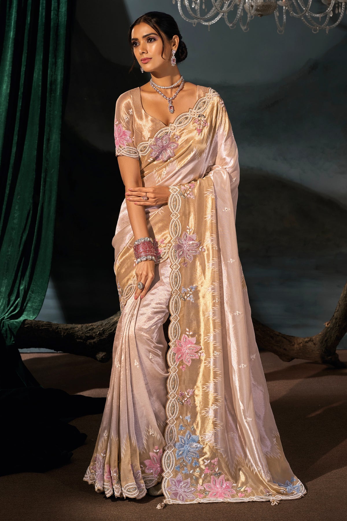 Golden Cream Embroidered Silk Saree-SAR13258_1_SareeButa.com