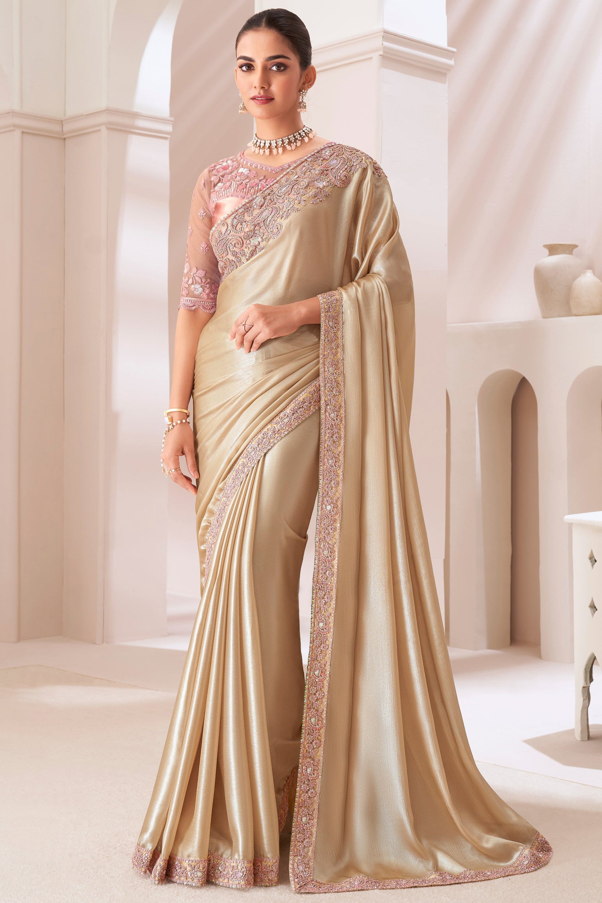 Golden Embroidered Chiffon Saree