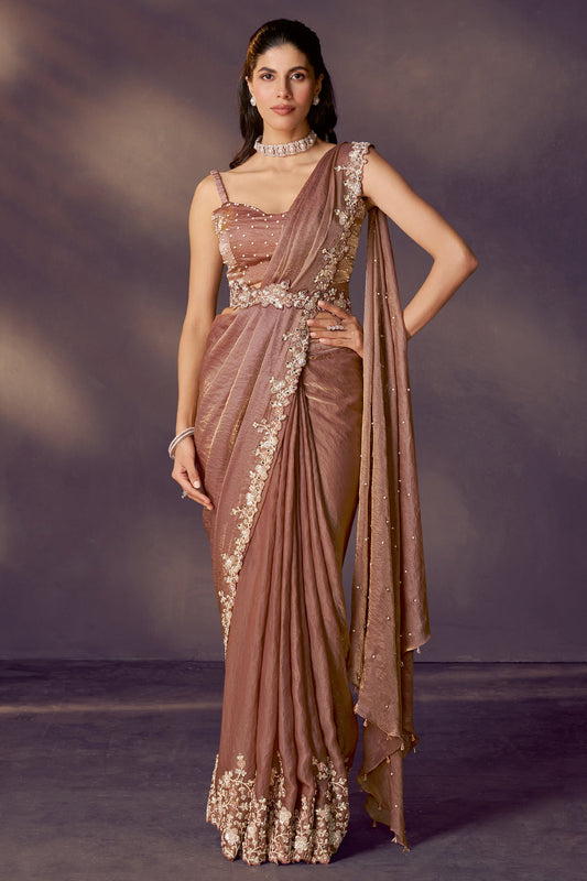 Golden Embroidered Satin Readymade Saree with Stitched Blouse-SAR10855_1_SareeButa.com