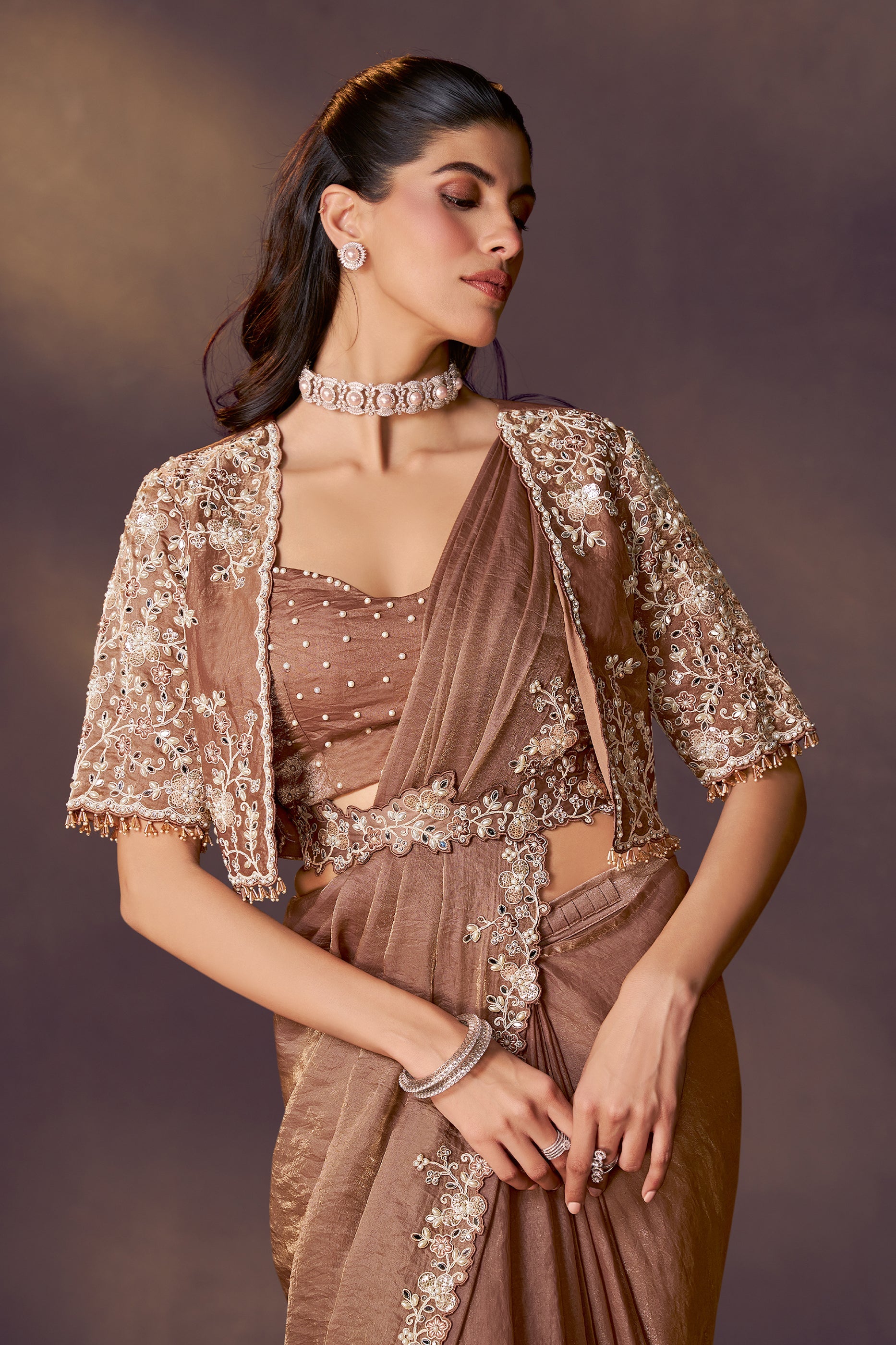 Golden Embroidered Satin Readymade Saree with Stitched Blouse-SAR10855_2_SareeButa.com