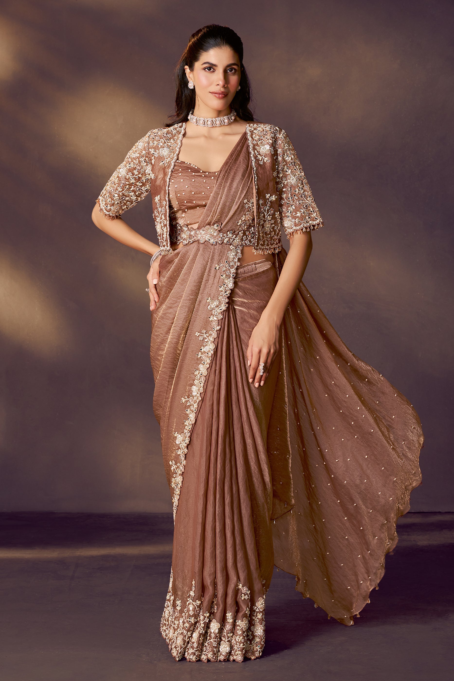 Golden Embroidered Satin Readymade Saree with Stitched Blouse-SAR10855_3_SareeButa.com
