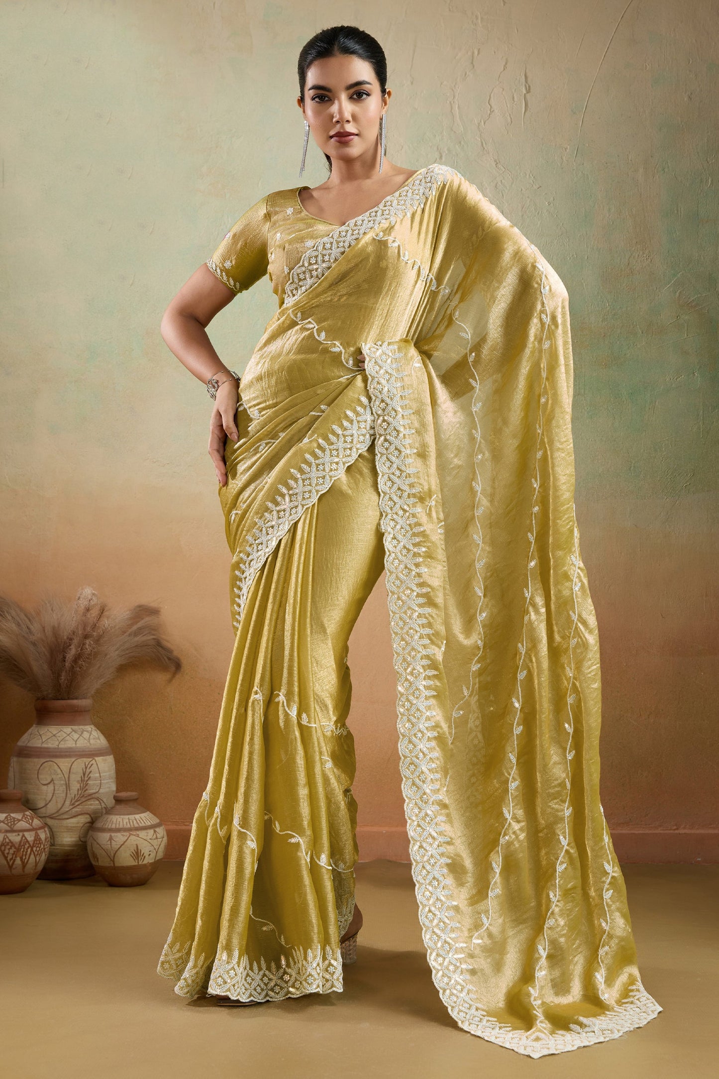 Golden Olive Embroidered Chiffon Saree-SAR10421_1_SareeButa.com