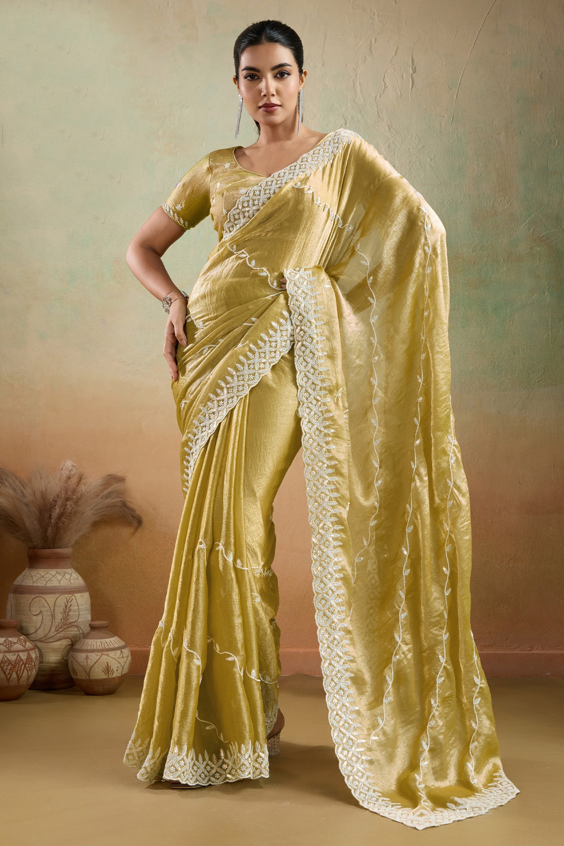 Golden Olive Embroidered Chiffon Saree-SAR10421_1_SareeButa.com