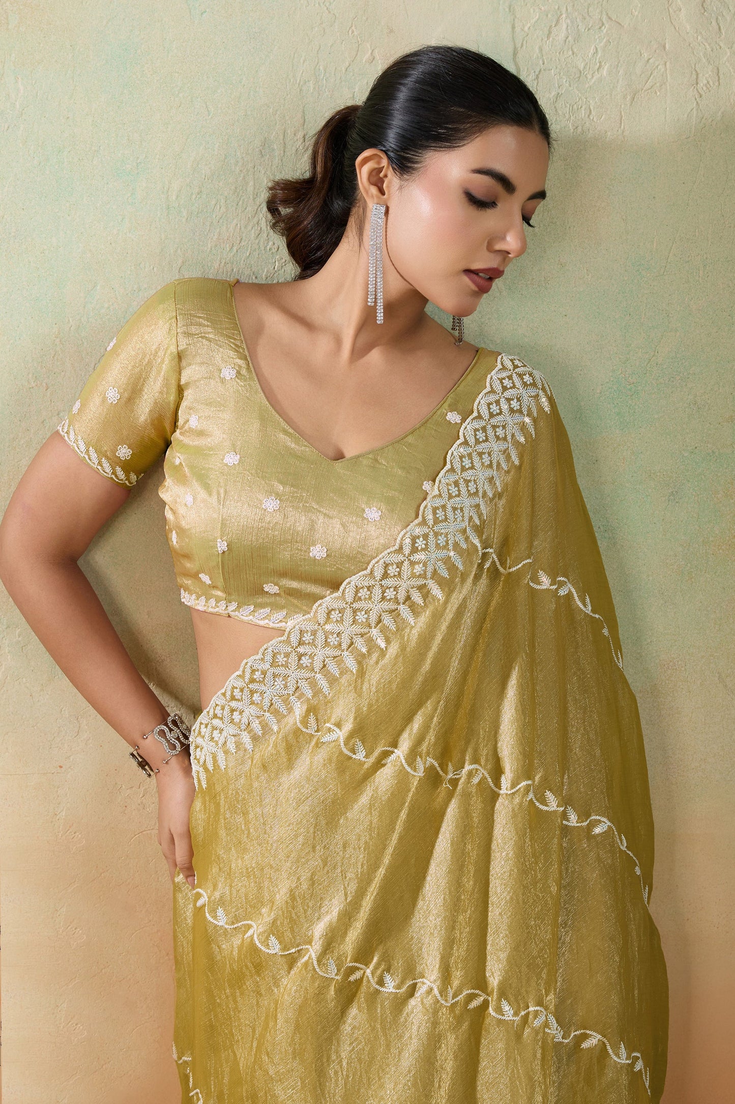 Golden Olive Embroidered Chiffon Saree-SAR10421_2_SareeButa.com