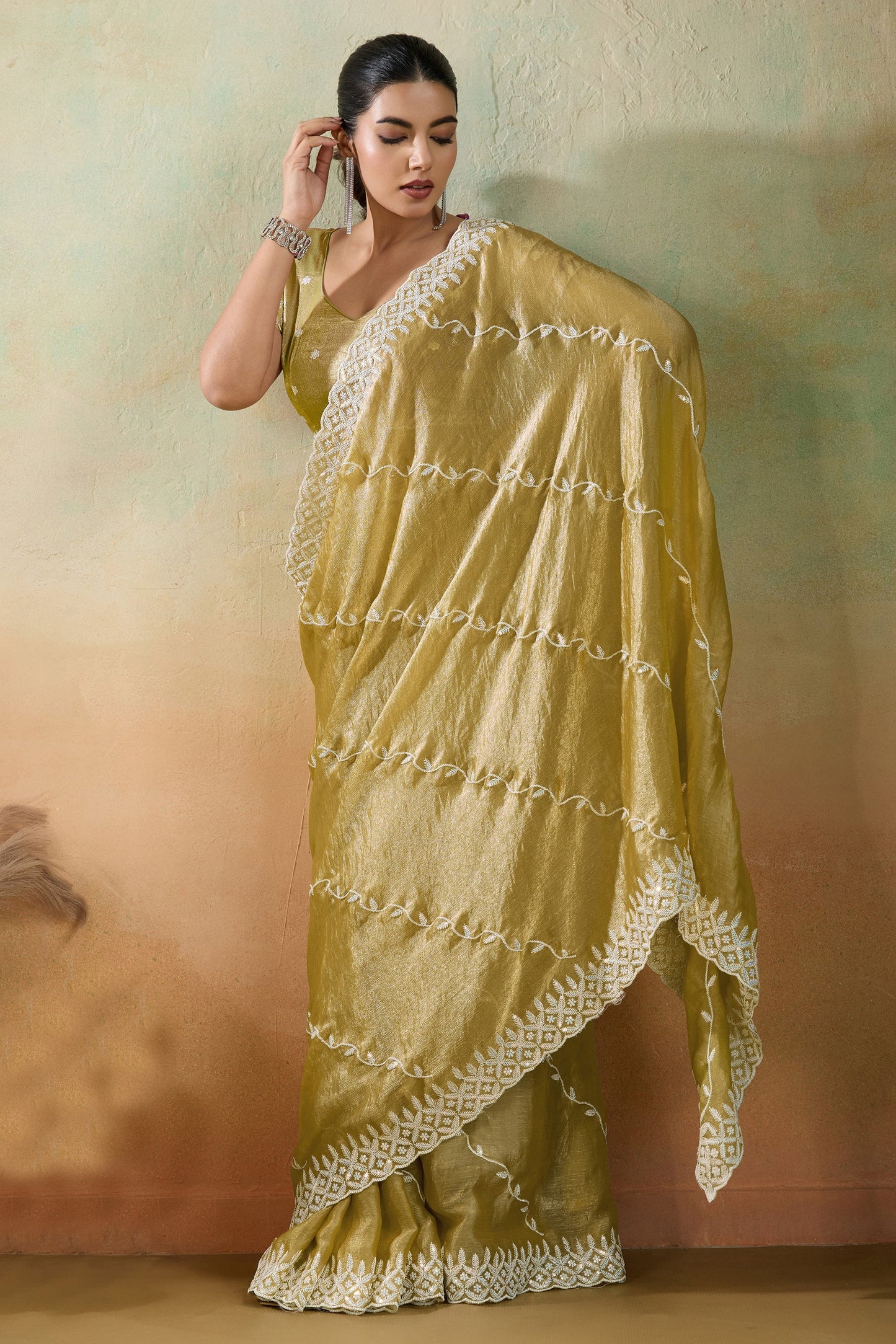 Golden Olive Embroidered Chiffon Saree-SAR10421_3_SareeButa.com