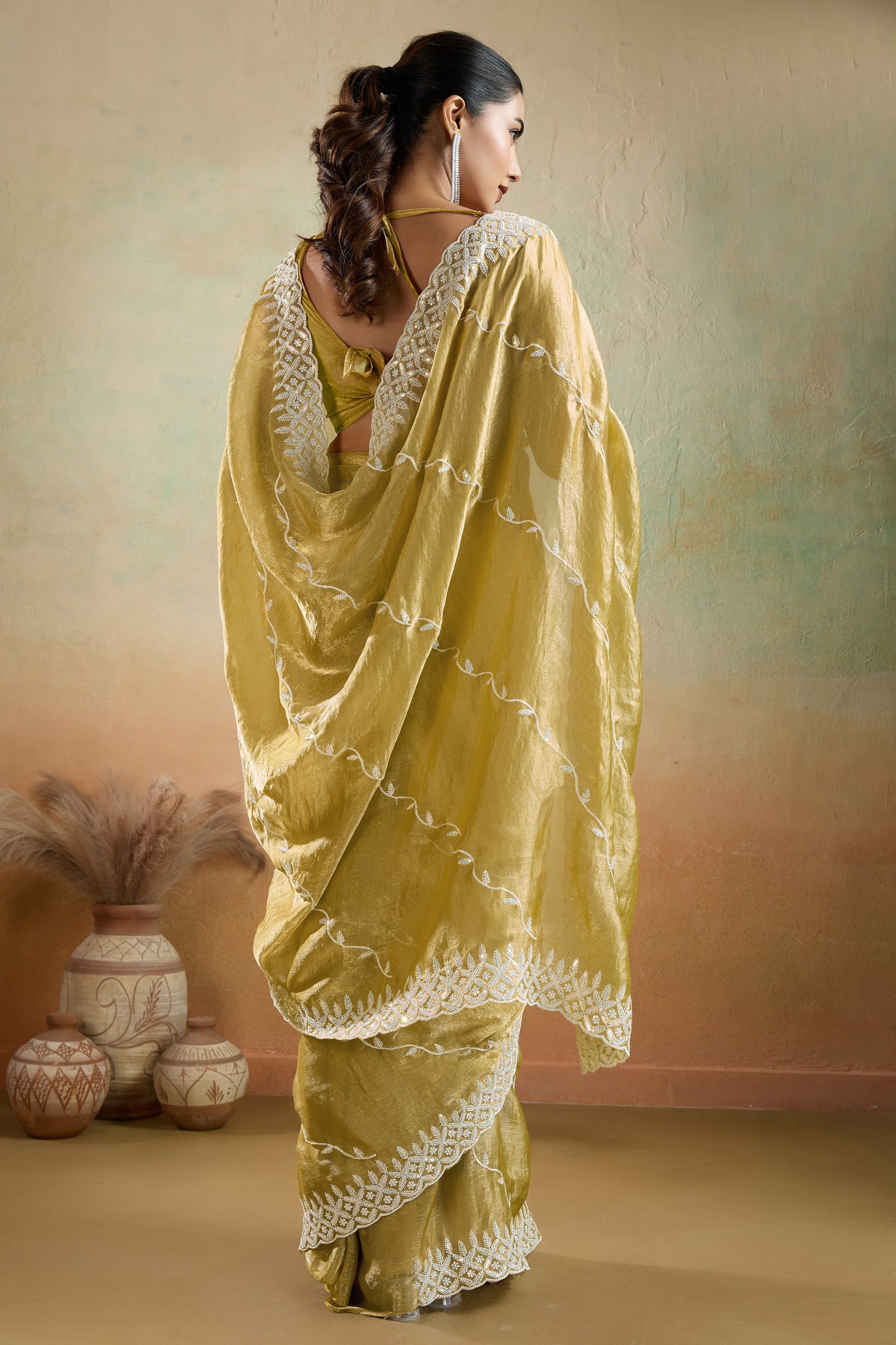 Golden Olive Embroidered Chiffon Saree-SAR10421_4_SareeButa.com
