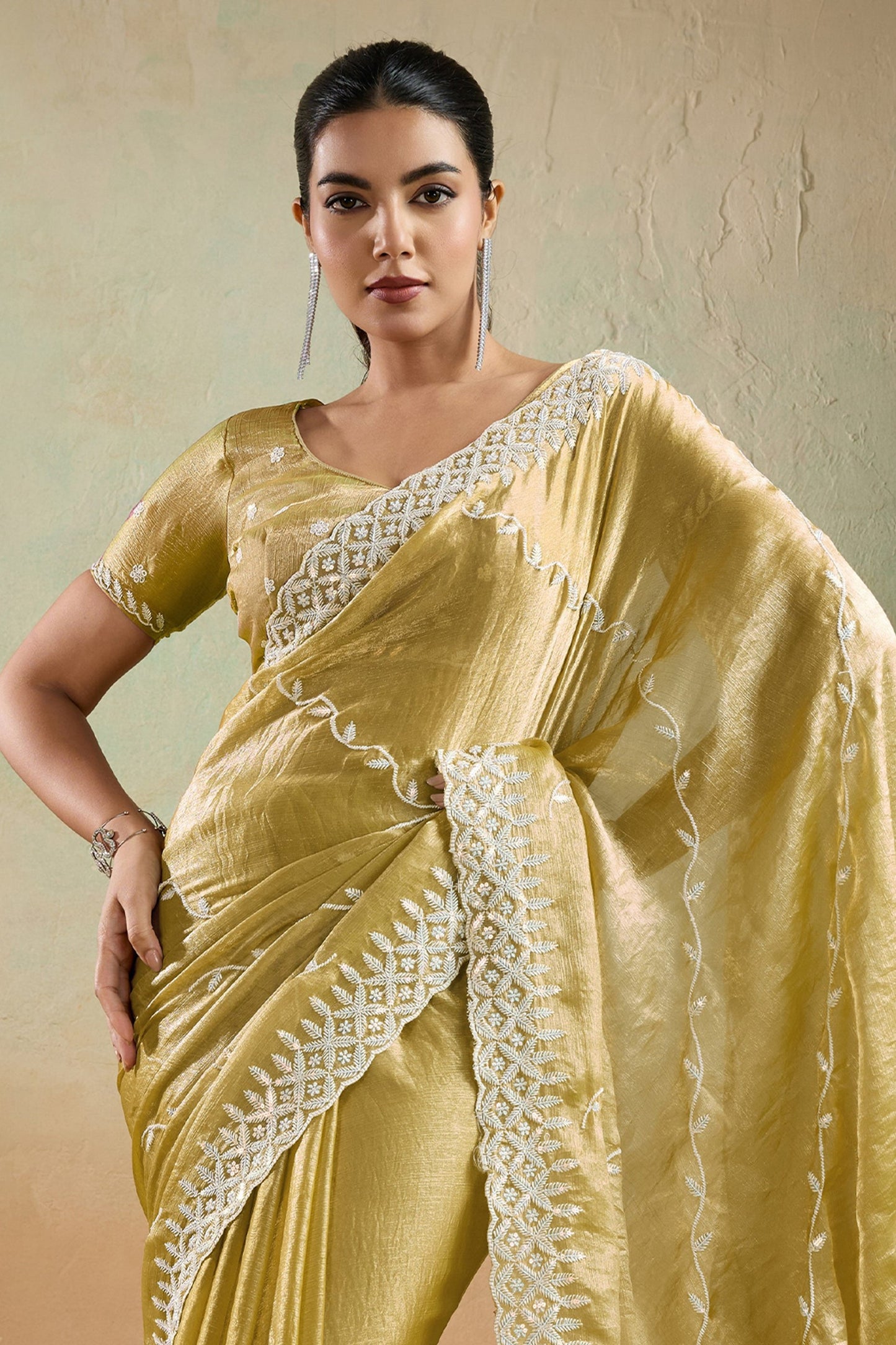 Golden Olive Embroidered Chiffon Saree-SAR10421_5_SareeButa.com