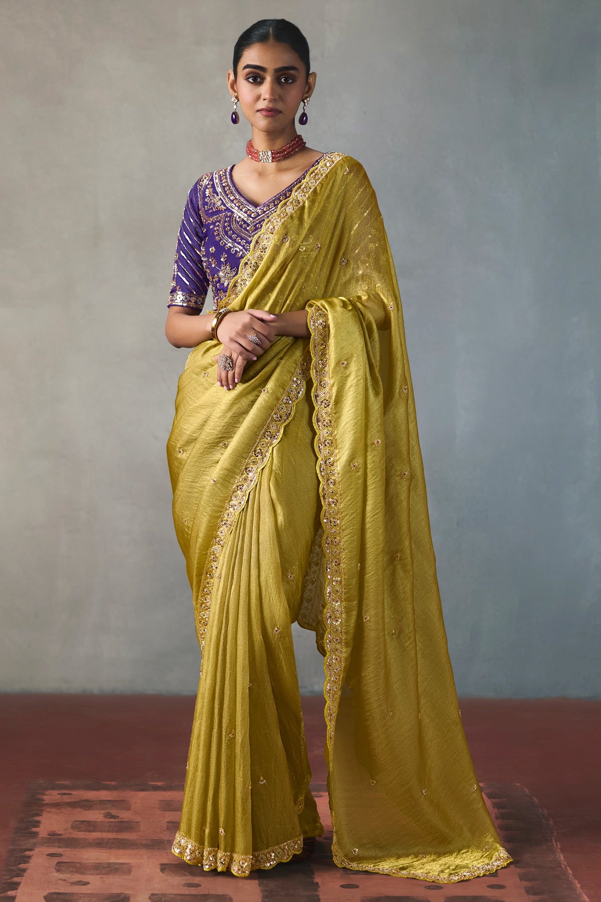 Golden Olive Embroidered Silk Saree-SAR13406_1_SareeButa.com