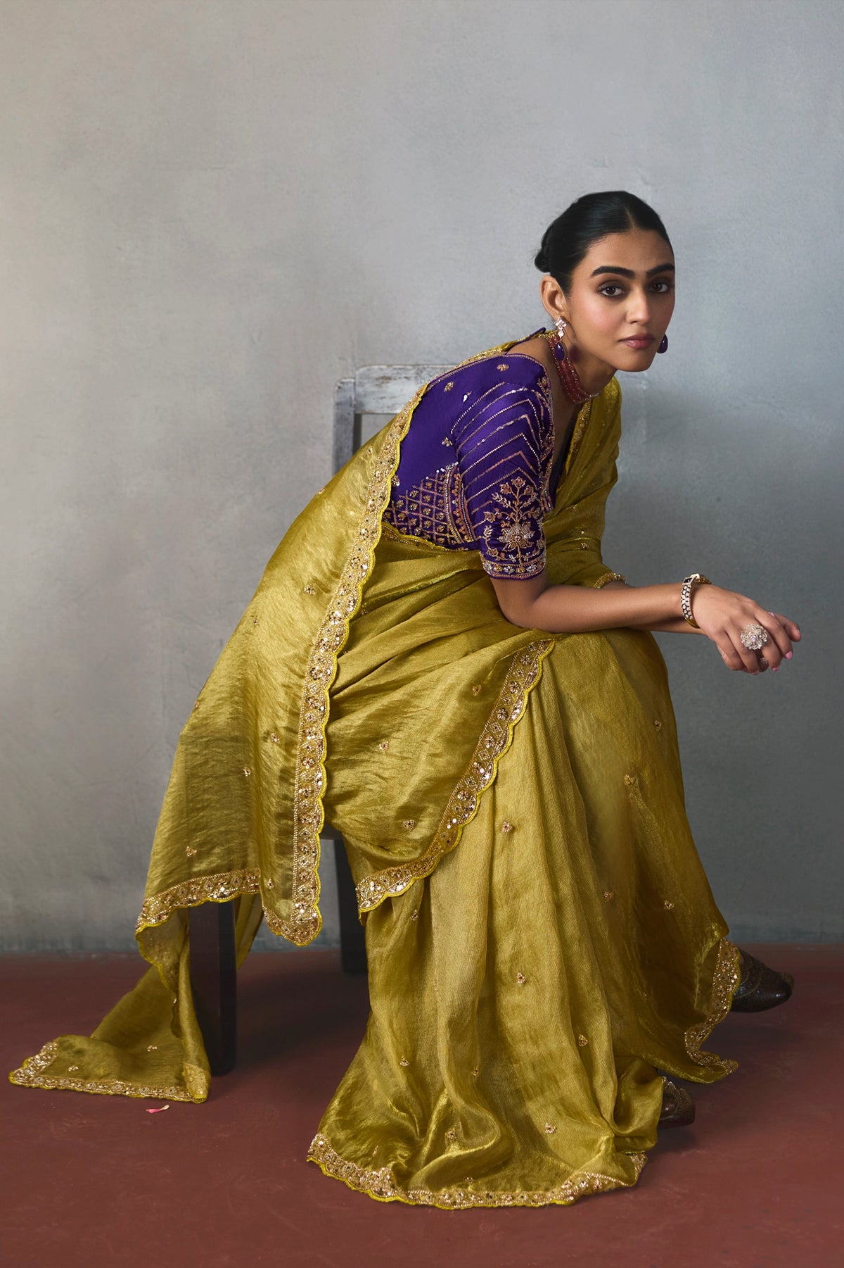 Golden Olive Embroidered Silk Saree-SAR13406_4_SareeButa.com