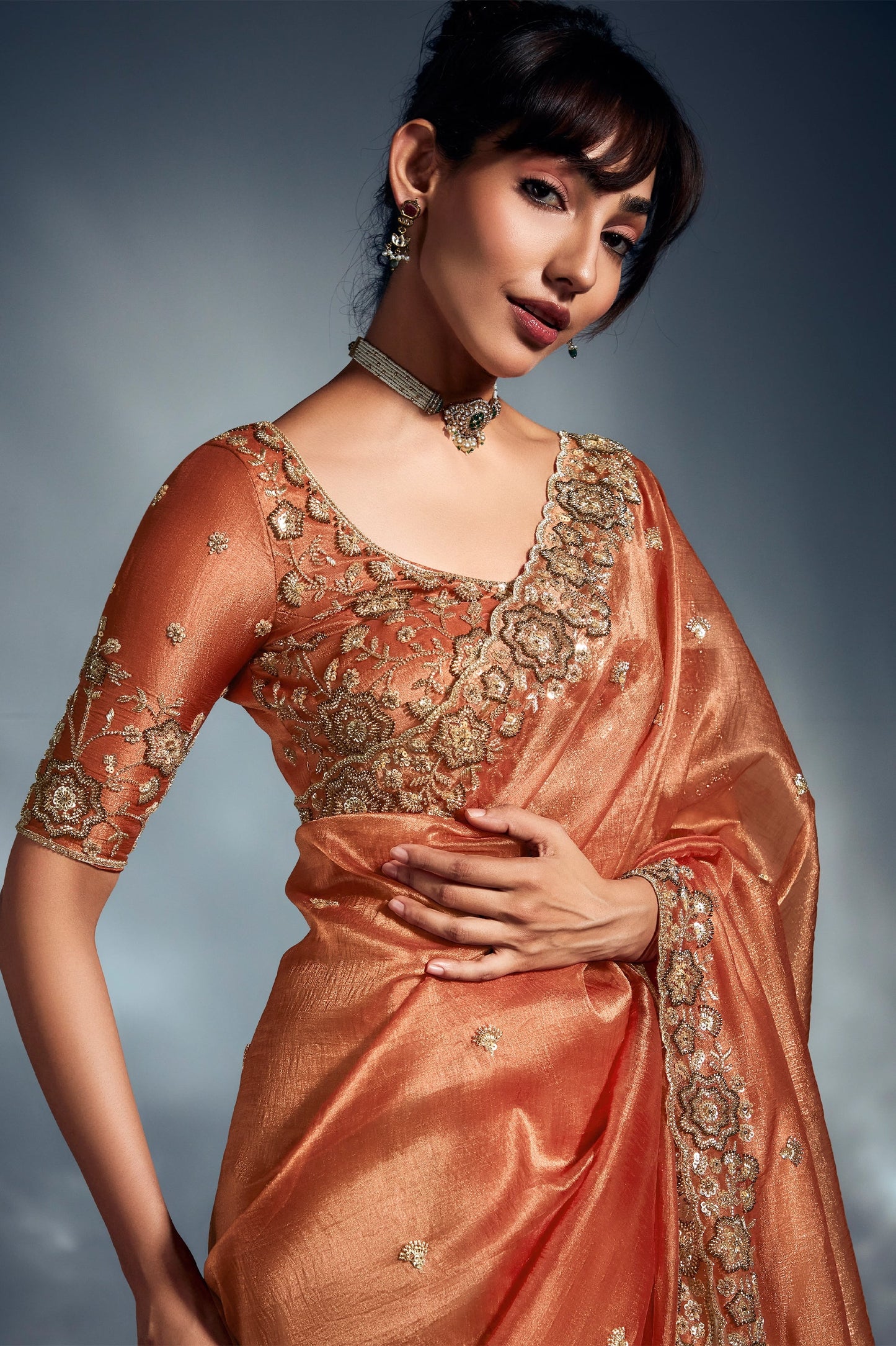Golden Orange Embroidered Tissue Silk Saree-SAR10209_2_SareeButa.com