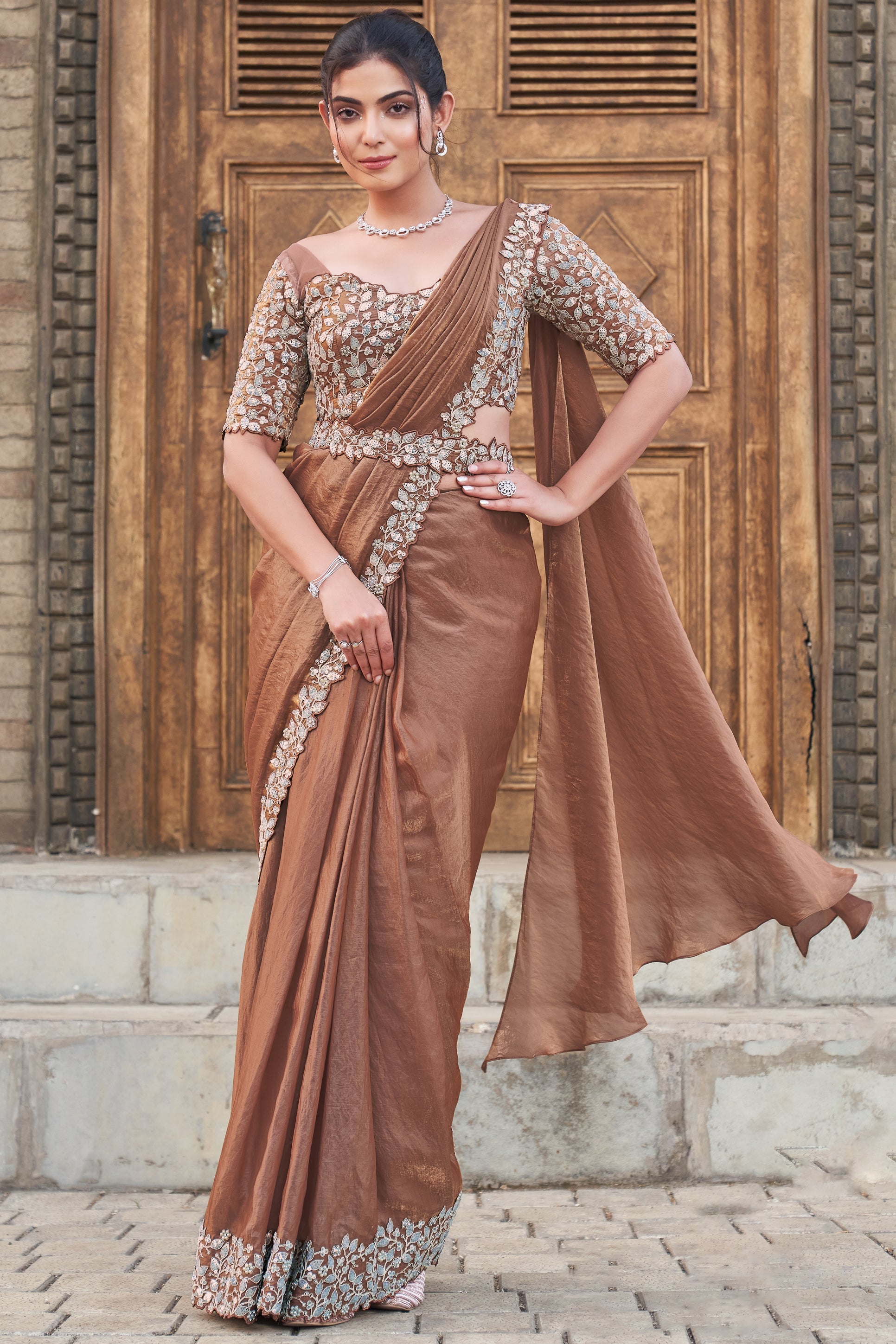 Golden Satin Silk Readymade Saree with Stitched Blouse-ZB134303_1_SareeButa.com