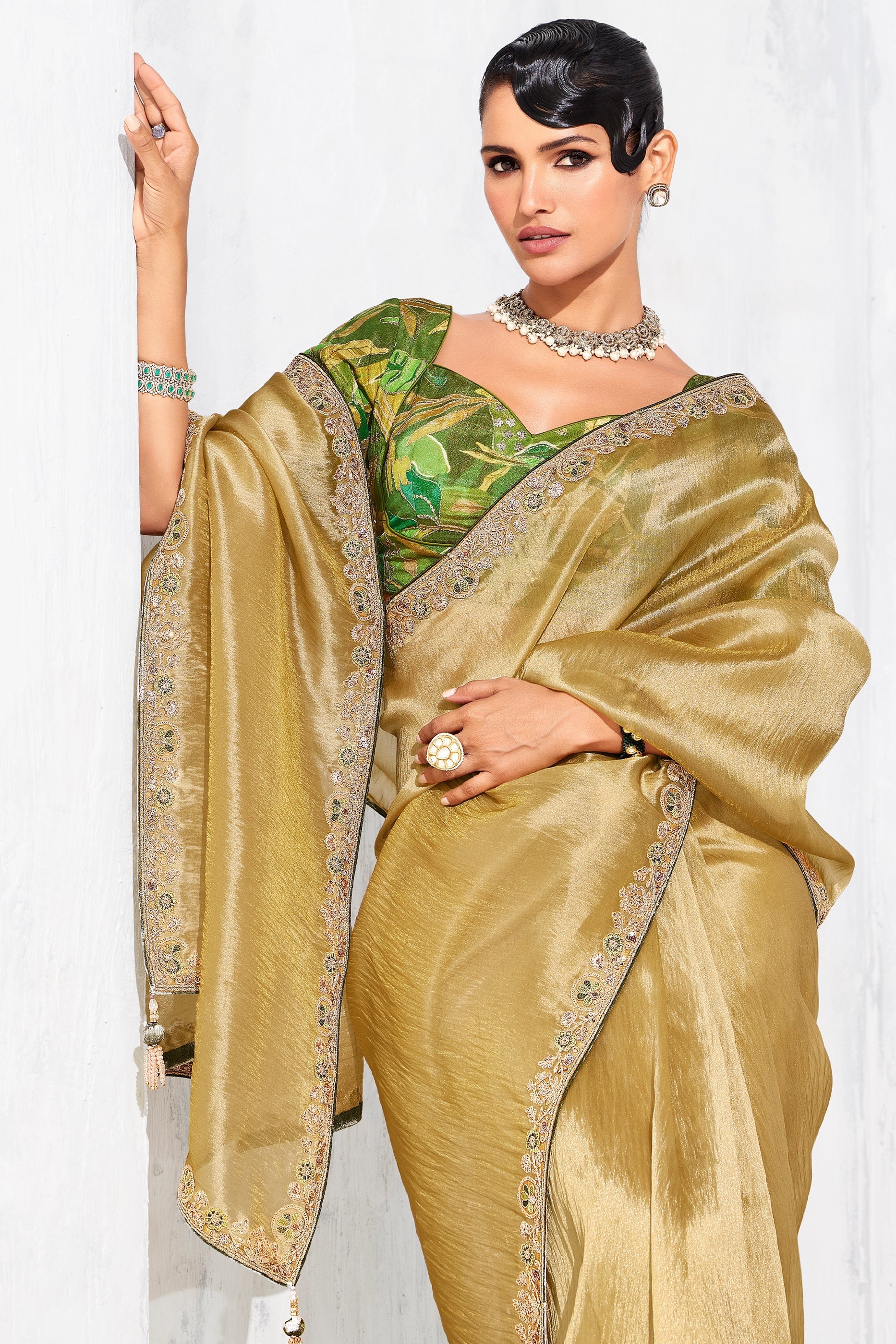 Golden Yellow Embroidered Tissue Organza Saree-SAR10568_2_SareeButa.com