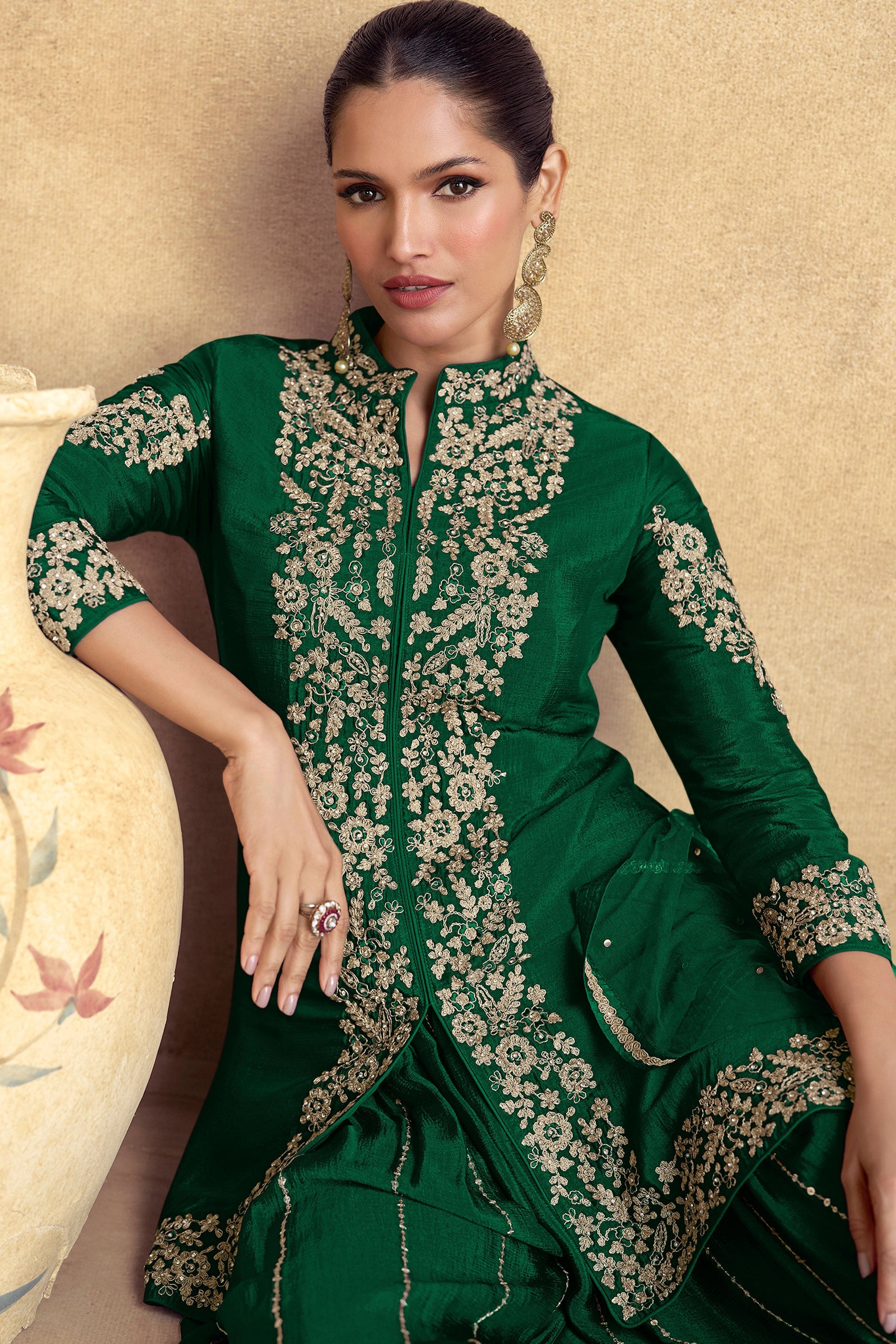 Green Chinon Readymade Palazzo Suit-SS176_2_SareeButa.com