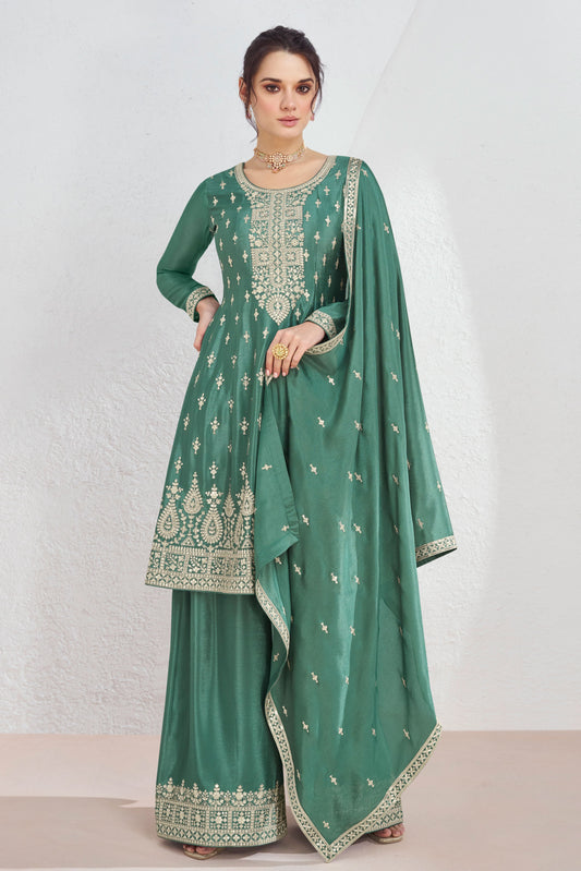 Green Chinon Silk Anarkali Suit-SS109_1