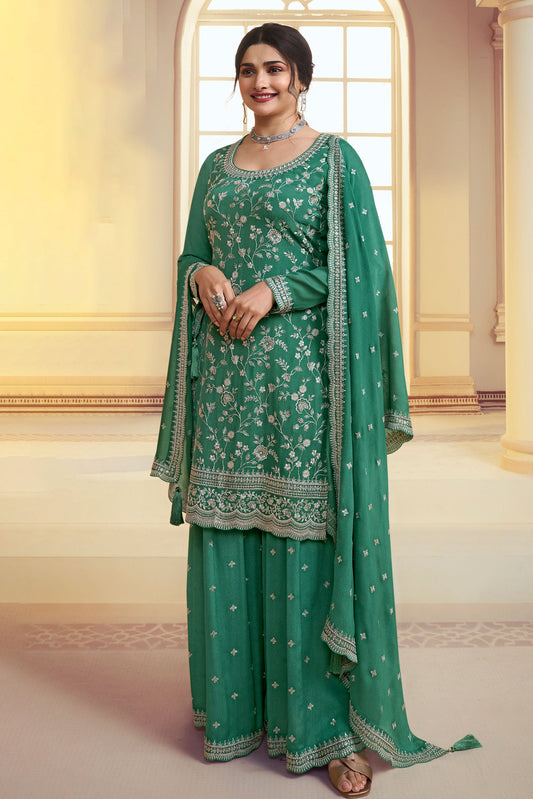 Green Embroiderd Chinon Palazzo Suit-ZBSS100025_1