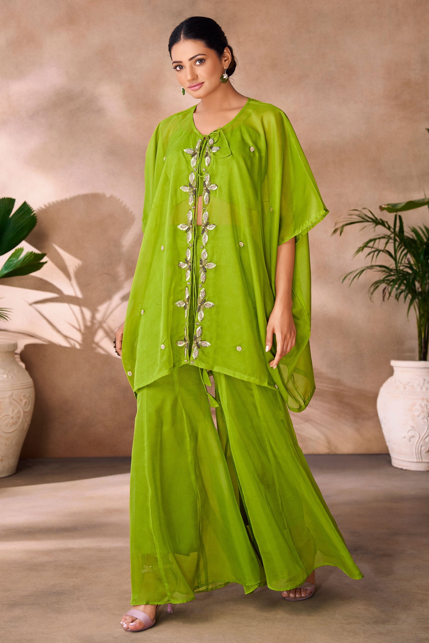 Green Embroidered Organza Co-Ord Set-SS241_1_SareeButa.com