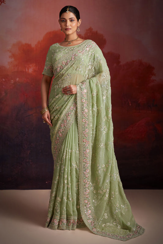 Green Embroidered Organza Saree