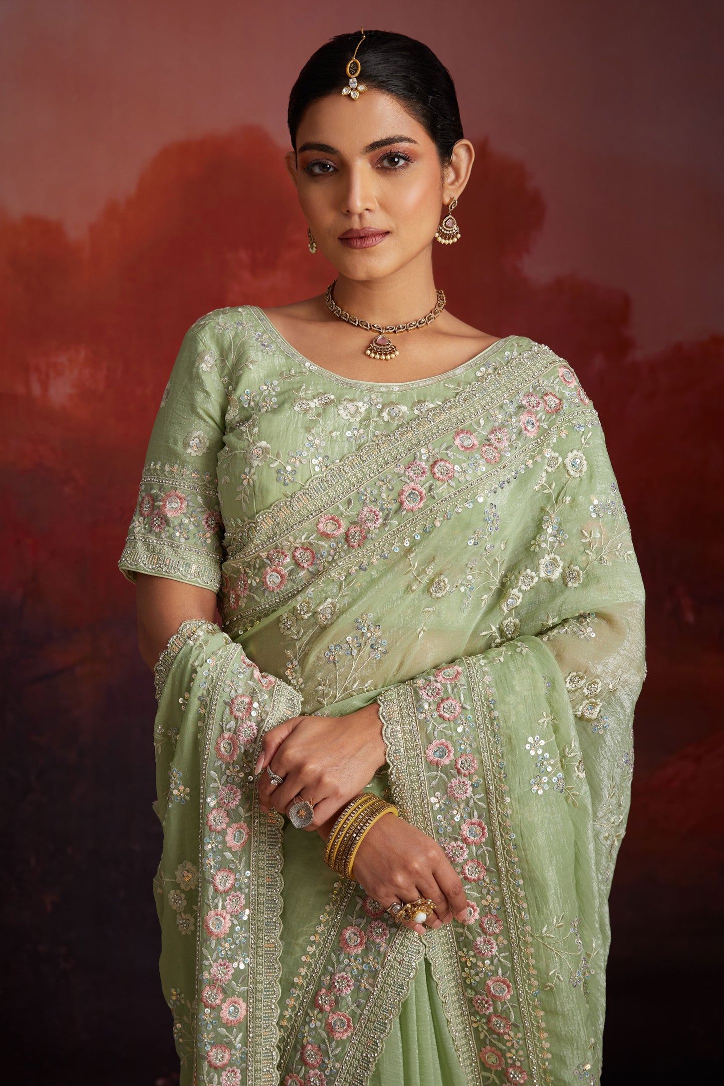 Green Embroidered Organza Saree