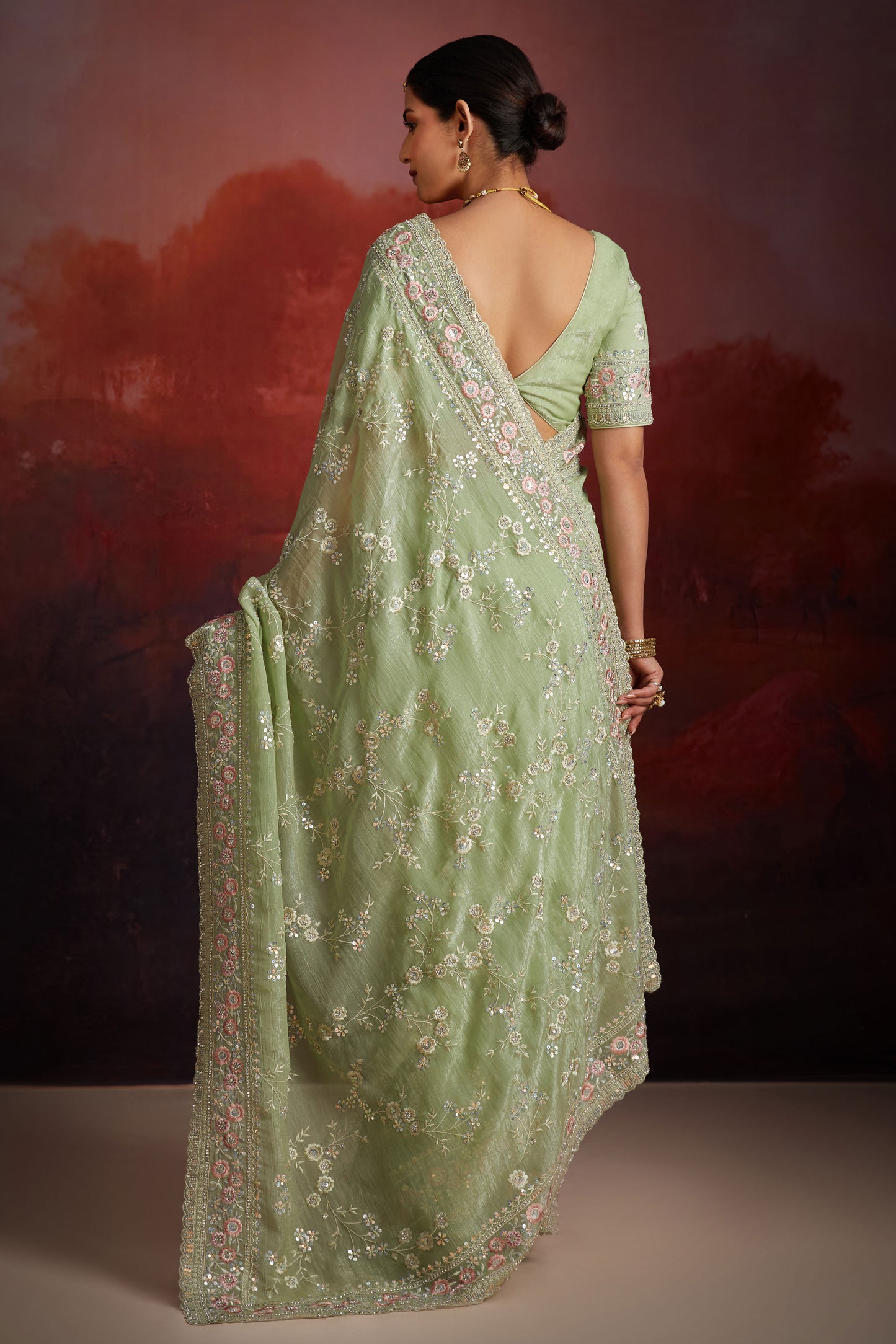 Green Embroidered Organza Saree