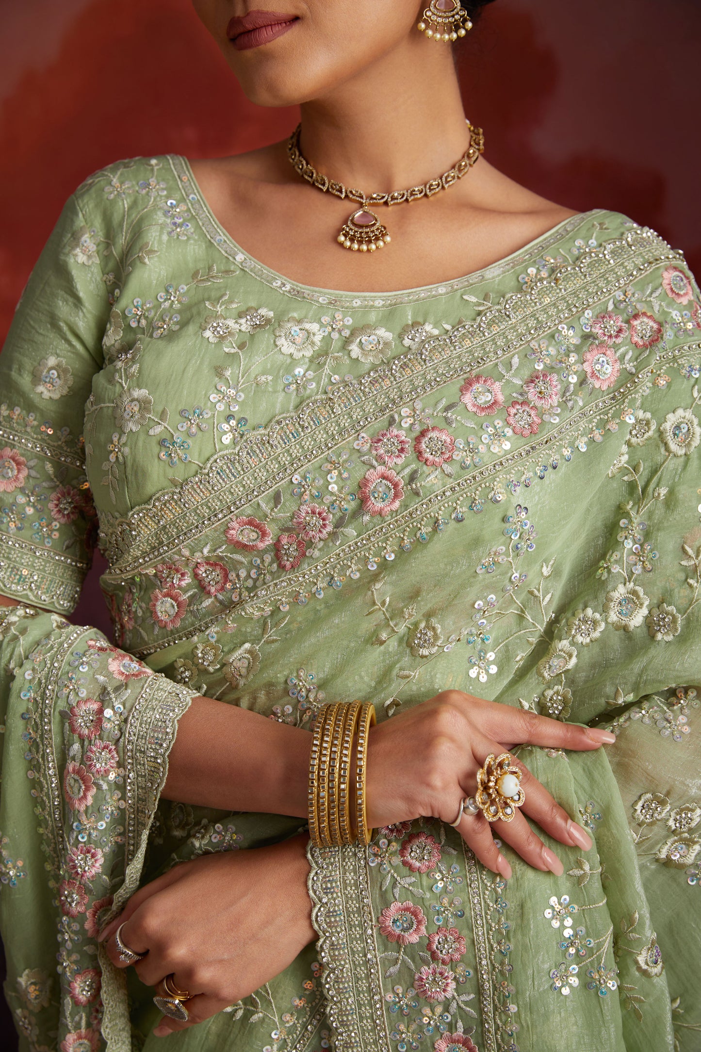 Green Embroidered Organza Saree