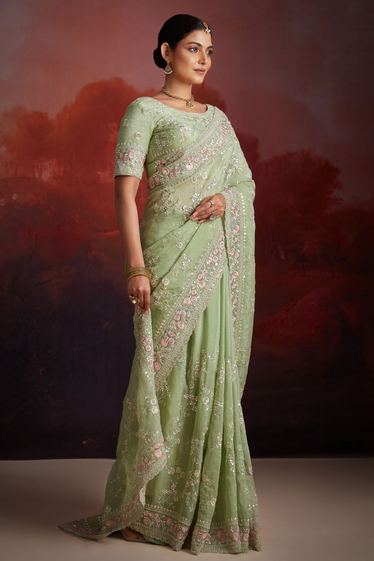 Green Embroidered Organza Saree