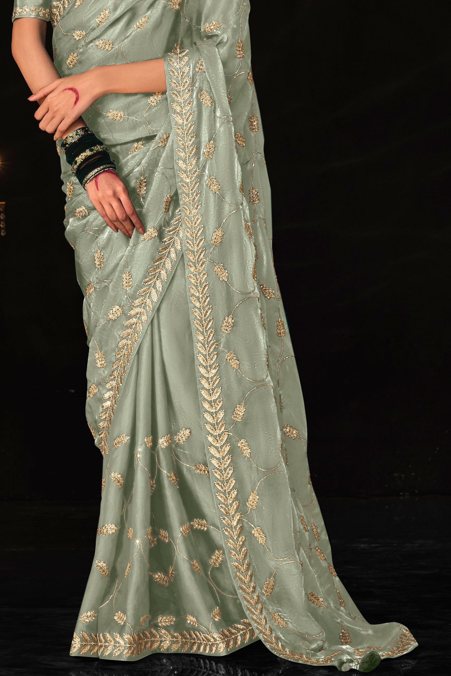 Green Embroidered Organza Silk Saree-ZB131418_3