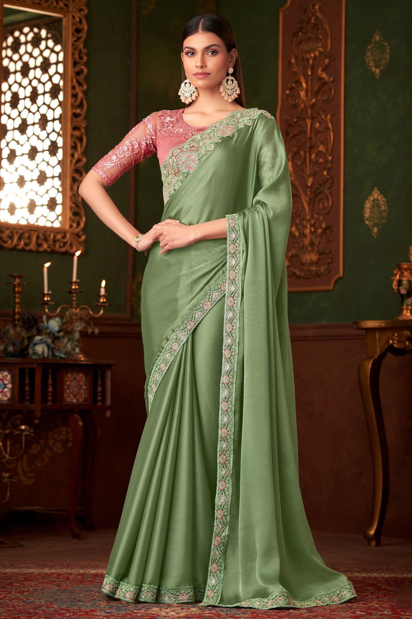 Green Embroidered Satin Saree-ZB133560_1_SareeButa.com