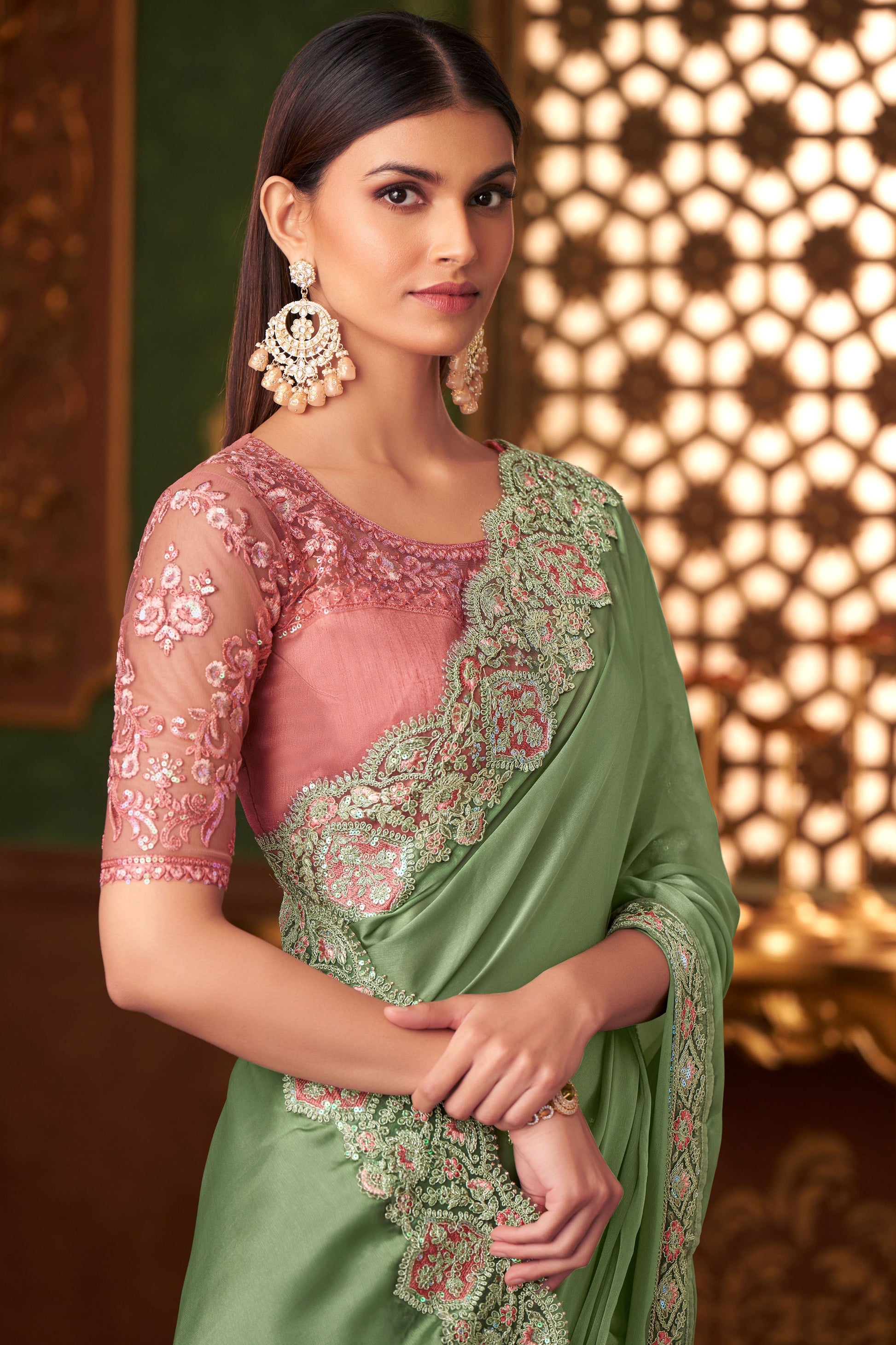 Green Embroidered Satin Saree-ZB133560_2_SareeButa.com