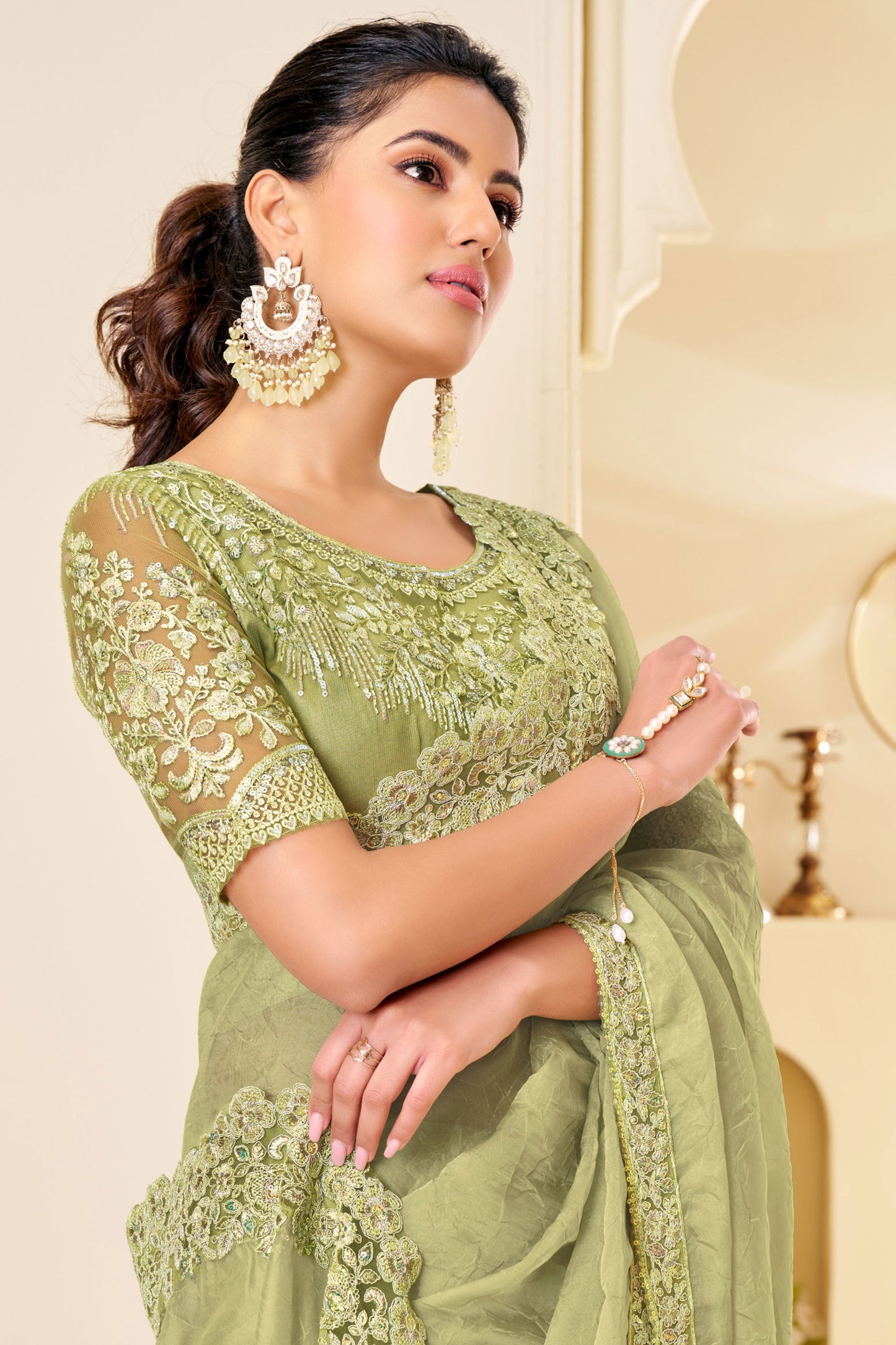 Green Embroidered Shimmer Georgette Saree-ZB133547_2_SareeButa.com