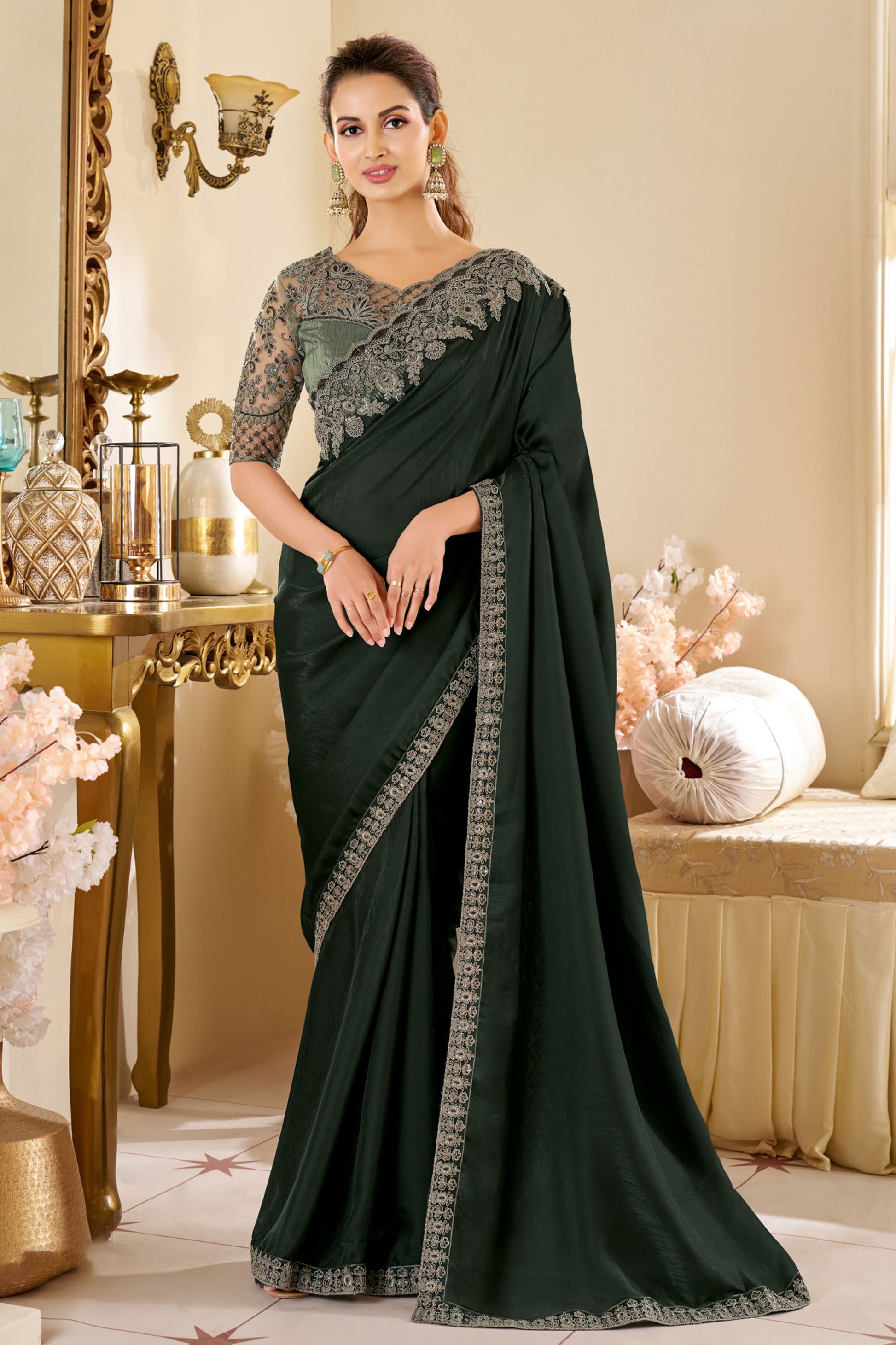 Green Embroidered Shimmer Georgette Saree-ZB133549_1_SareeButa.com