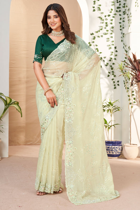 Green Embroidered Silk Saree-ZB132112_1