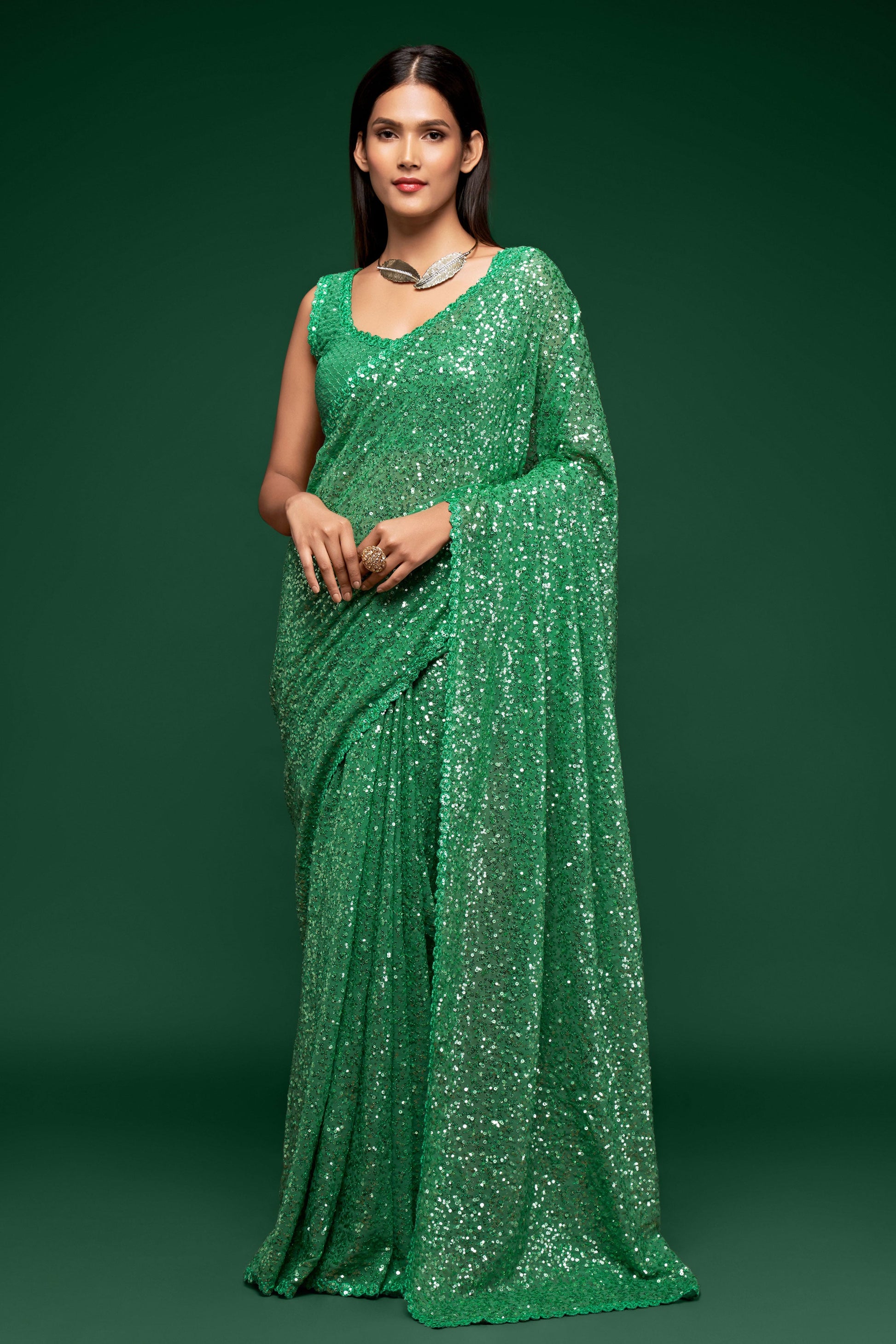 Green Georgette Sequin Saree-ZB131758_1