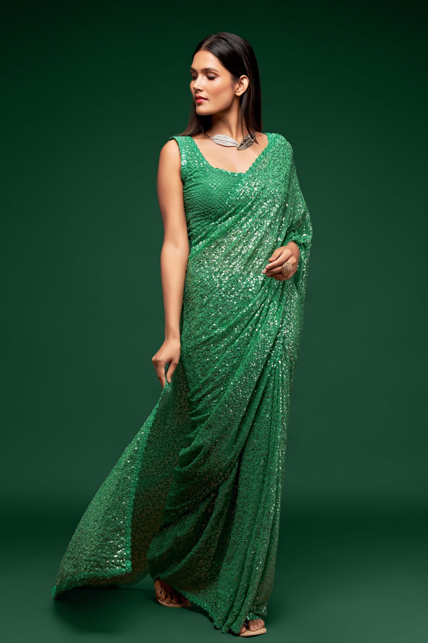 Green Georgette Sequin Saree-ZB131758_3