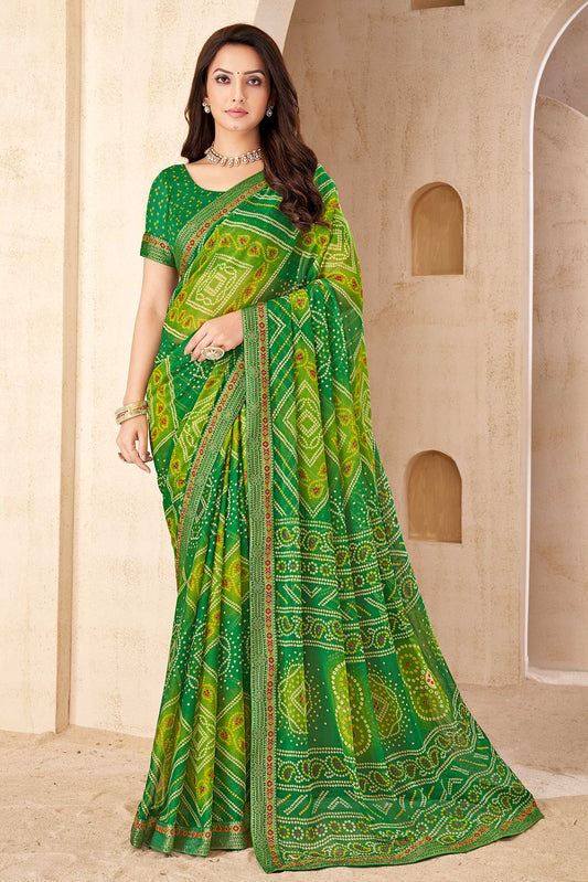 Green Printed Chiffon Bandhani Saree-ZB134673_1_SareeButa.com