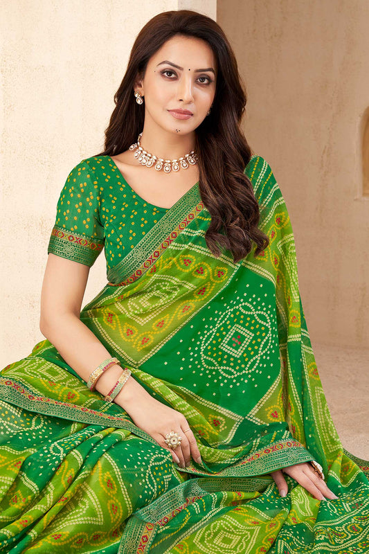 Green Printed Chiffon Bandhani Saree-ZB134673_2_SareeButa.com